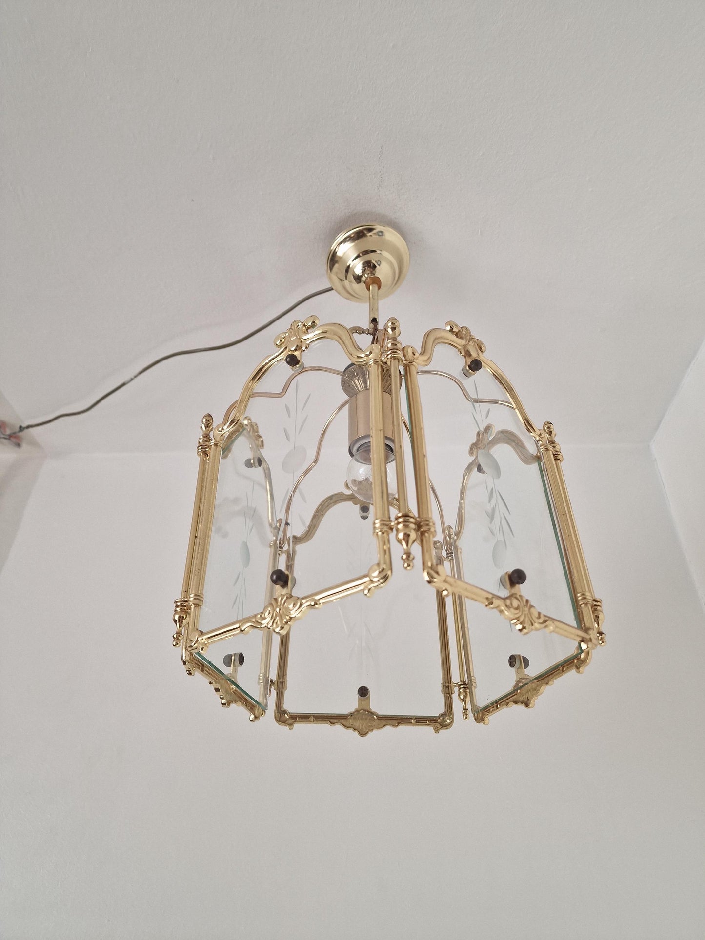 Brass pentagonal  Etched Glass Hall Lantern Ceiling Light Hanging Lantern, golden lamp penthagon