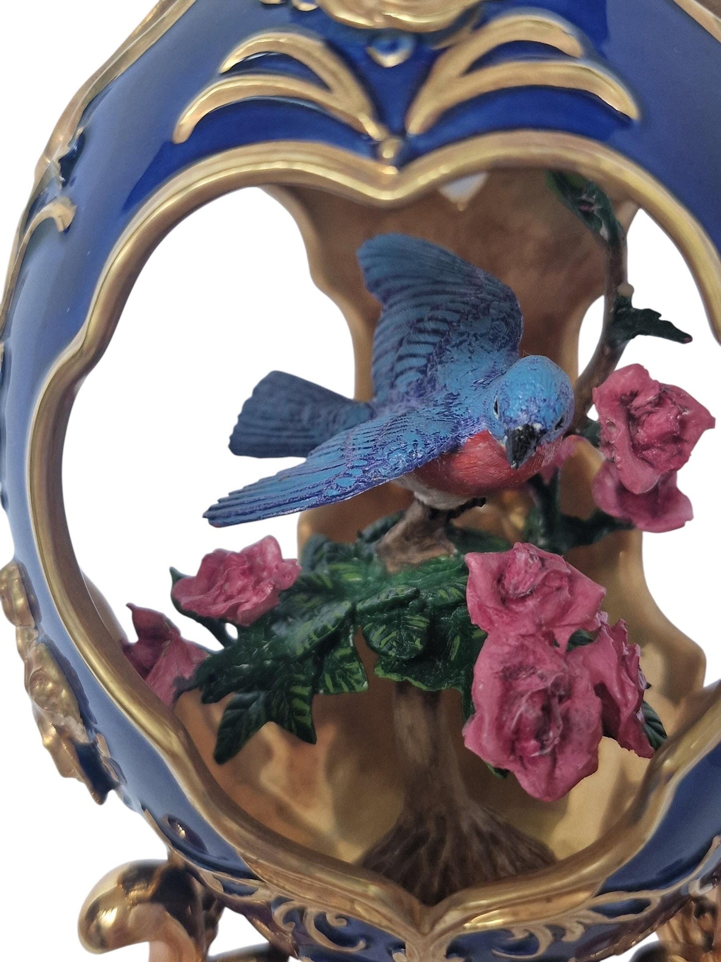 House of Fabergé, Faberge, gilded porcelain large egg with certificate of authenticity, sweet garden of romance, Blue Bird Figurine, retired