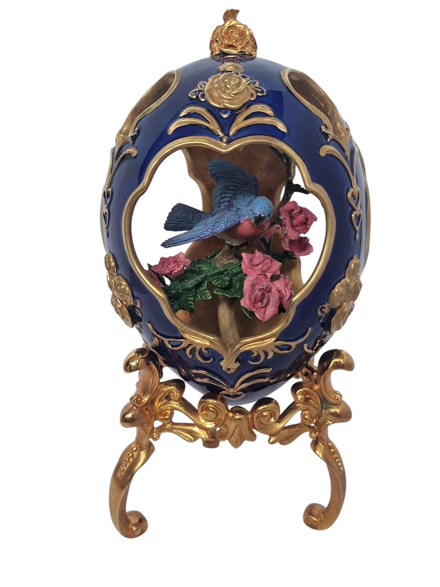 House of Fabergé, Faberge, gilded porcelain large egg with certificate of authenticity, sweet garden of romance, Blue Bird Figurine, retired