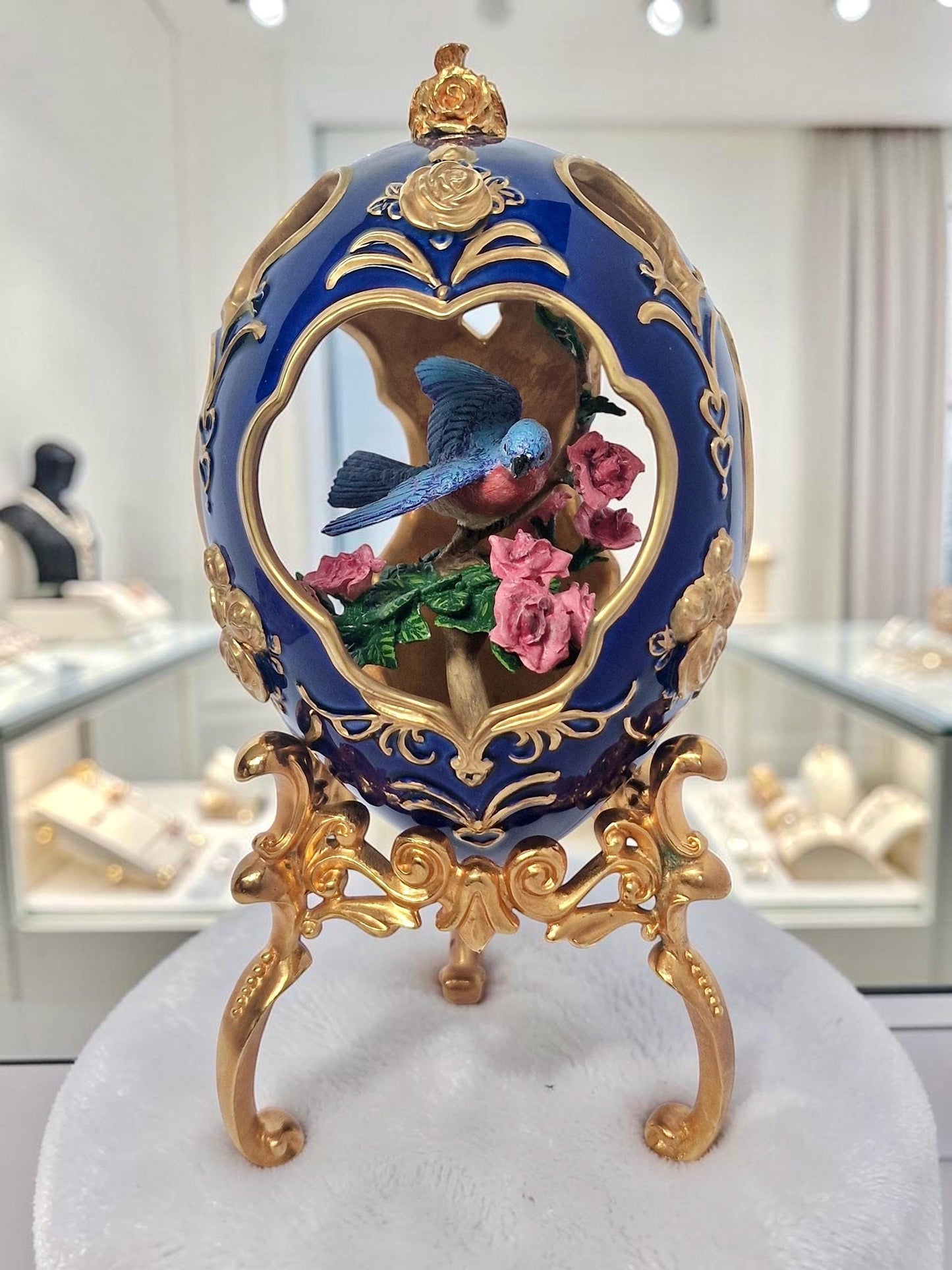 House of Fabergé, Faberge, gilded porcelain large egg with certificate of authenticity, sweet garden of romance, Blue Bird Figurine, retired