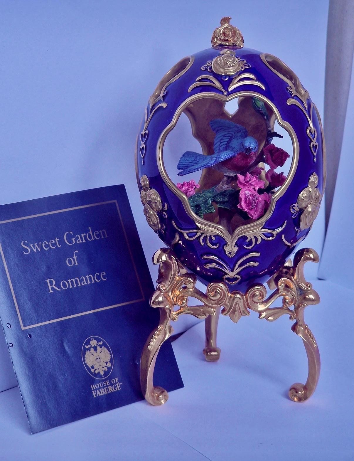 House of Fabergé, Faberge, gilded porcelain large egg with certificate of authenticity, sweet garden of romance, Blue Bird Figurine, retired