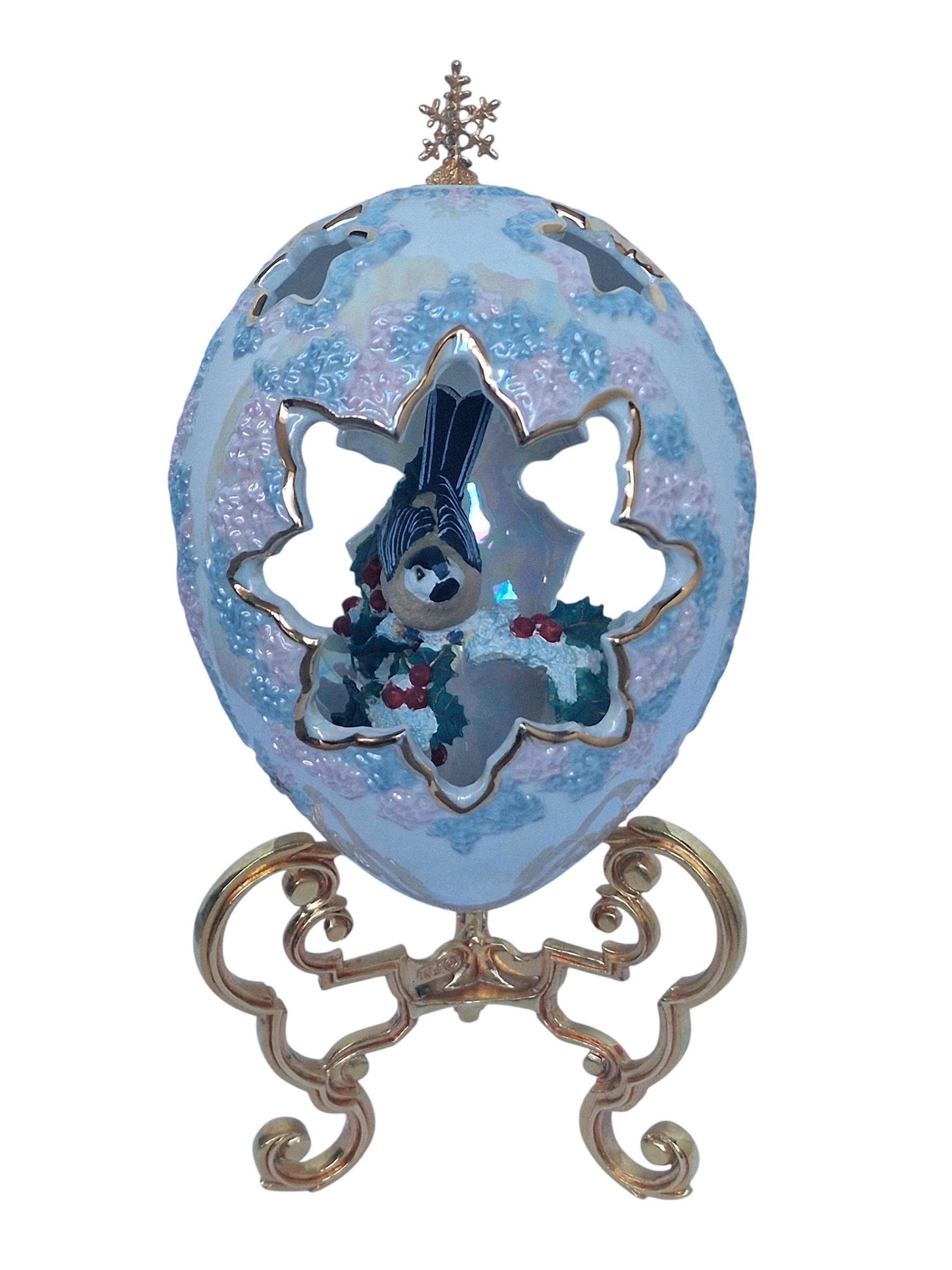 House of Fabergé, Faberge, gilded porcelain large egg w. certificate of authenticity, sweet garden of romance, chickadee, retired, iriserend