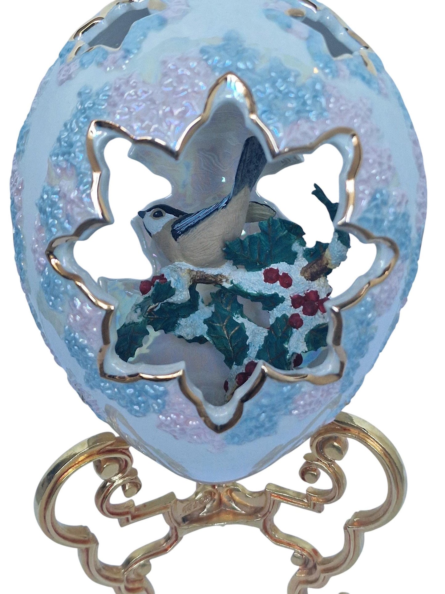 House of Fabergé, Faberge, gilded porcelain large egg w. certificate of authenticity, sweet garden of romance, chickadee, retired, iriserend