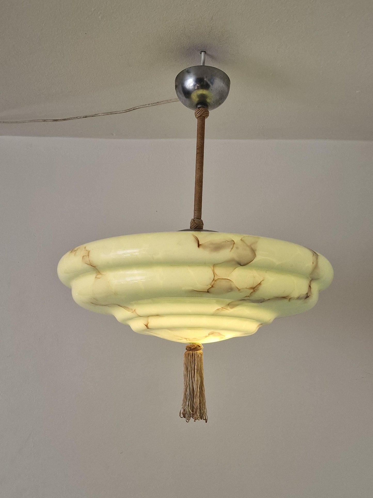 Reserved: Art deco pastel pistache green charleston ceiling Lamp with Opaline Glass, , c. 1920s  Ceiling lamp hanging , rod