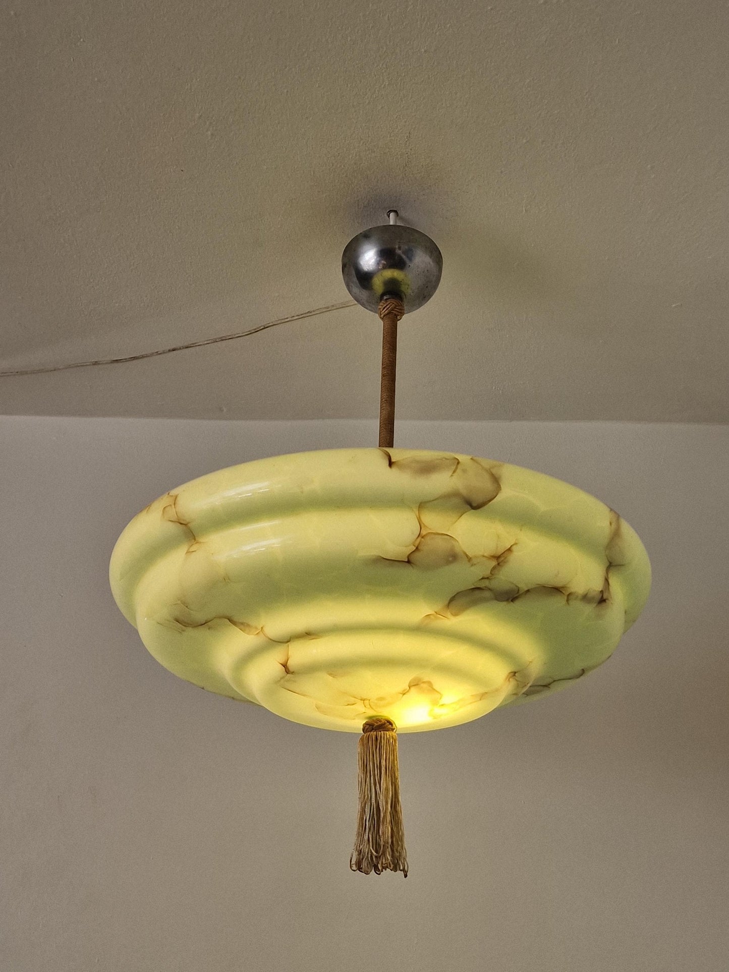 Reserved: Art deco pastel pistache green charleston ceiling Lamp with Opaline Glass, , c. 1920s  Ceiling lamp hanging , rod