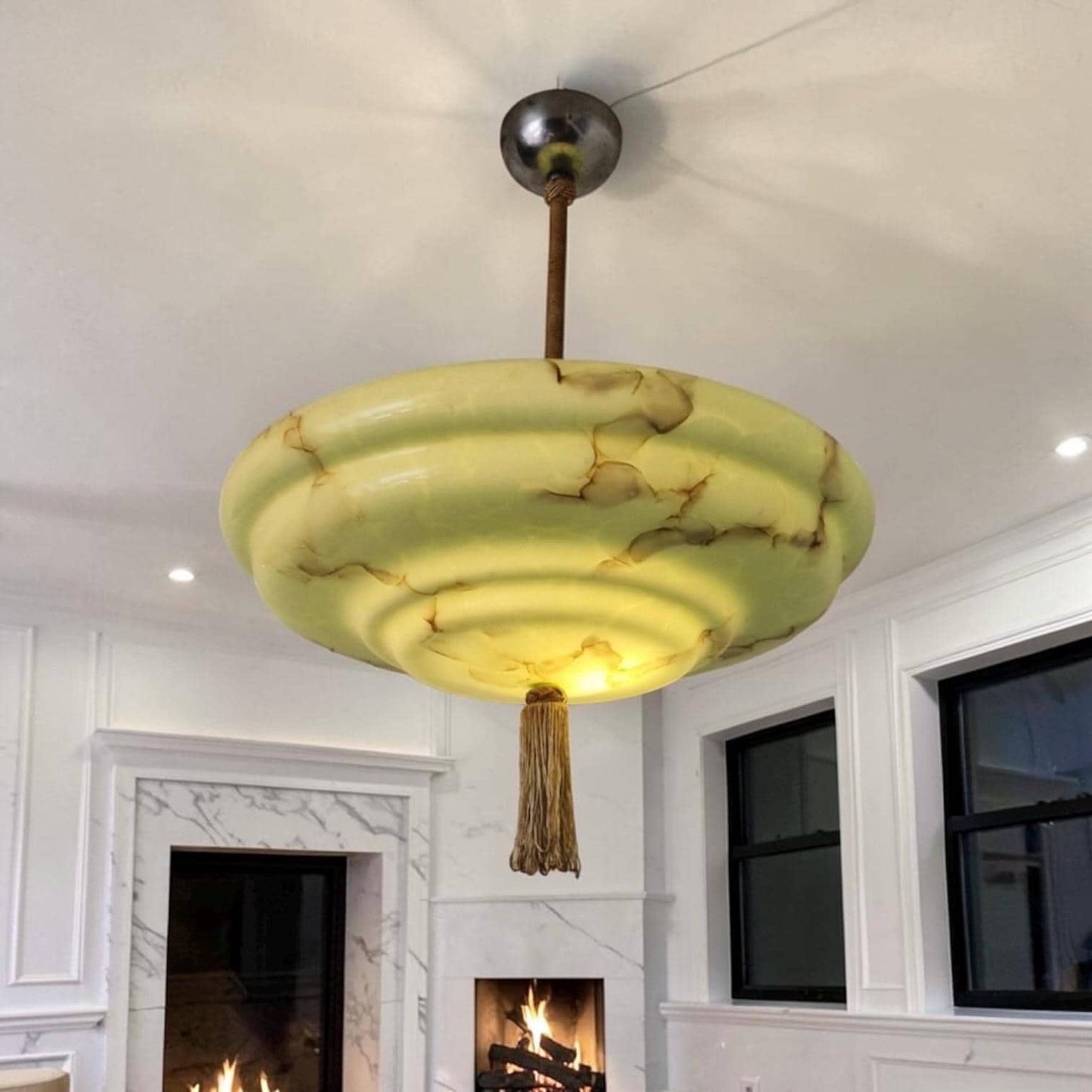 Reserved: Art deco pastel pistache green charleston ceiling Lamp with Opaline Glass, , c. 1920s  Ceiling lamp hanging , rod