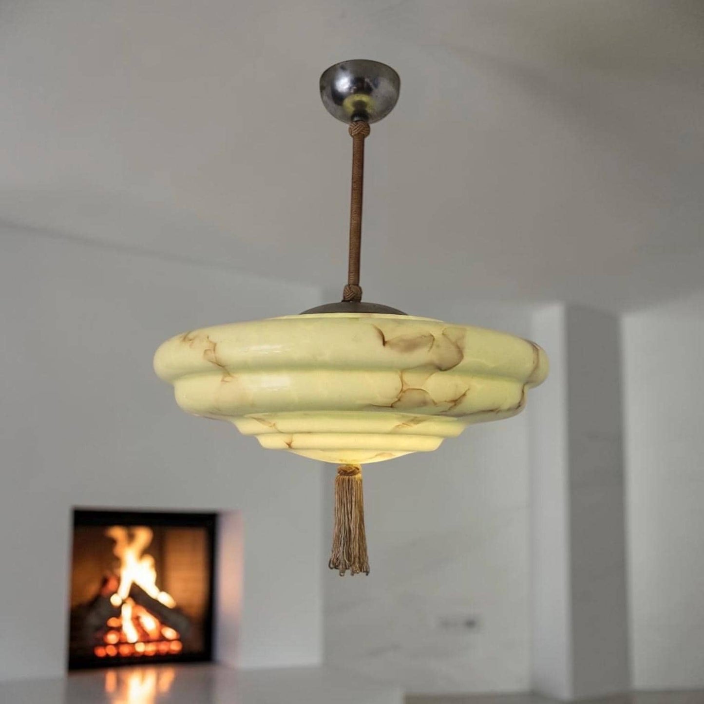 Reserved: Art deco pastel pistache green charleston ceiling Lamp with Opaline Glass, , c. 1920s  Ceiling lamp hanging , rod