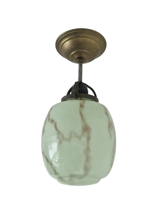 Art deco pastel pistache green early art deco Dutch Holland ceiling Lamp with Opaline Glass, , c. 1920s 1930s  Ceiling lamp hanging , rod