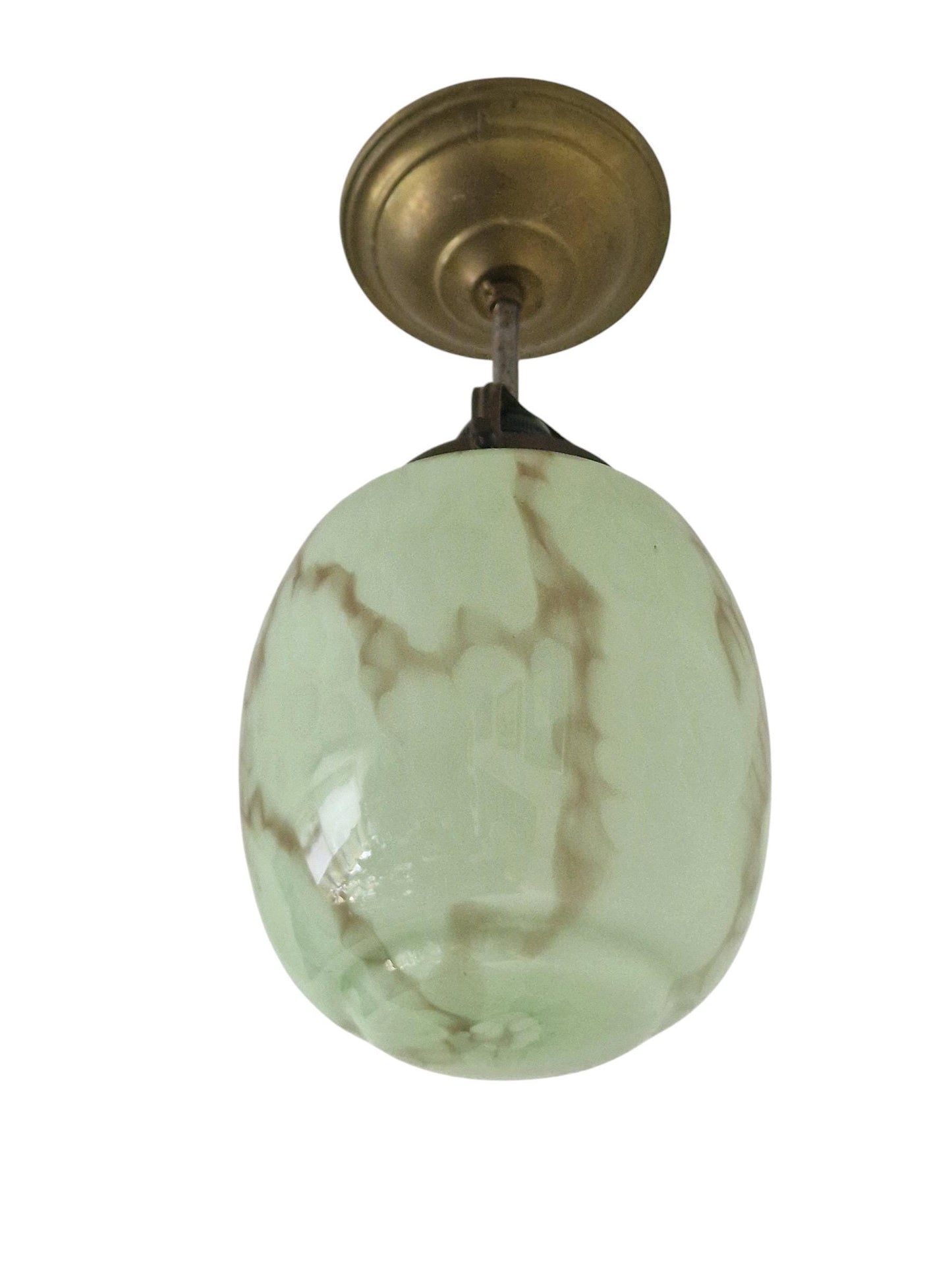 Art deco pastel pistache green early art deco Dutch Holland ceiling Lamp with Opaline Glass, , c. 1920s 1930s  Ceiling lamp hanging , rod