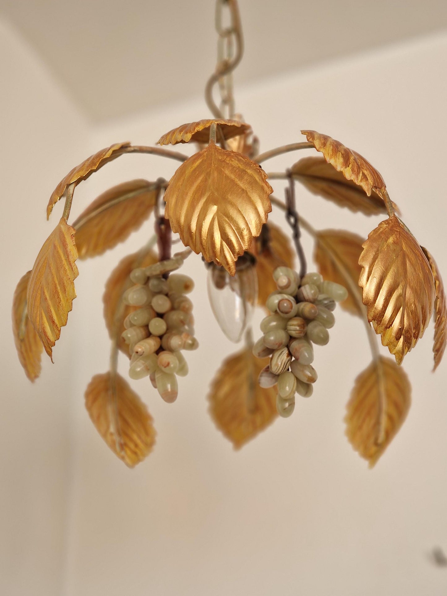 Vintage Italian Gilt Metal Chandelier with Agate Grapes, ca. 1955–1965 Mediteranian lamp