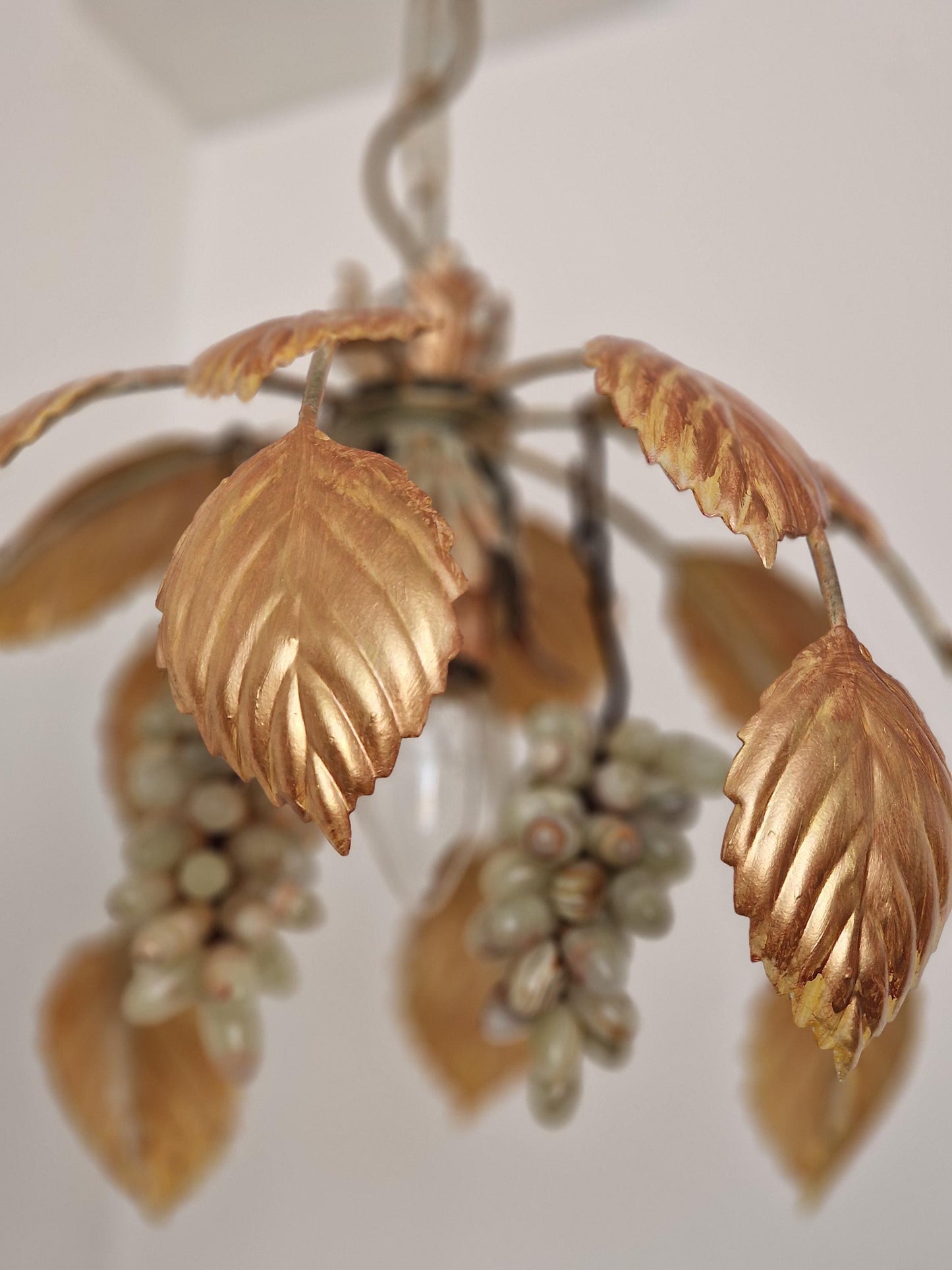 Vintage Italian Gilt Metal Chandelier with Agate Grapes, ca. 1955–1965 Mediteranian lamp