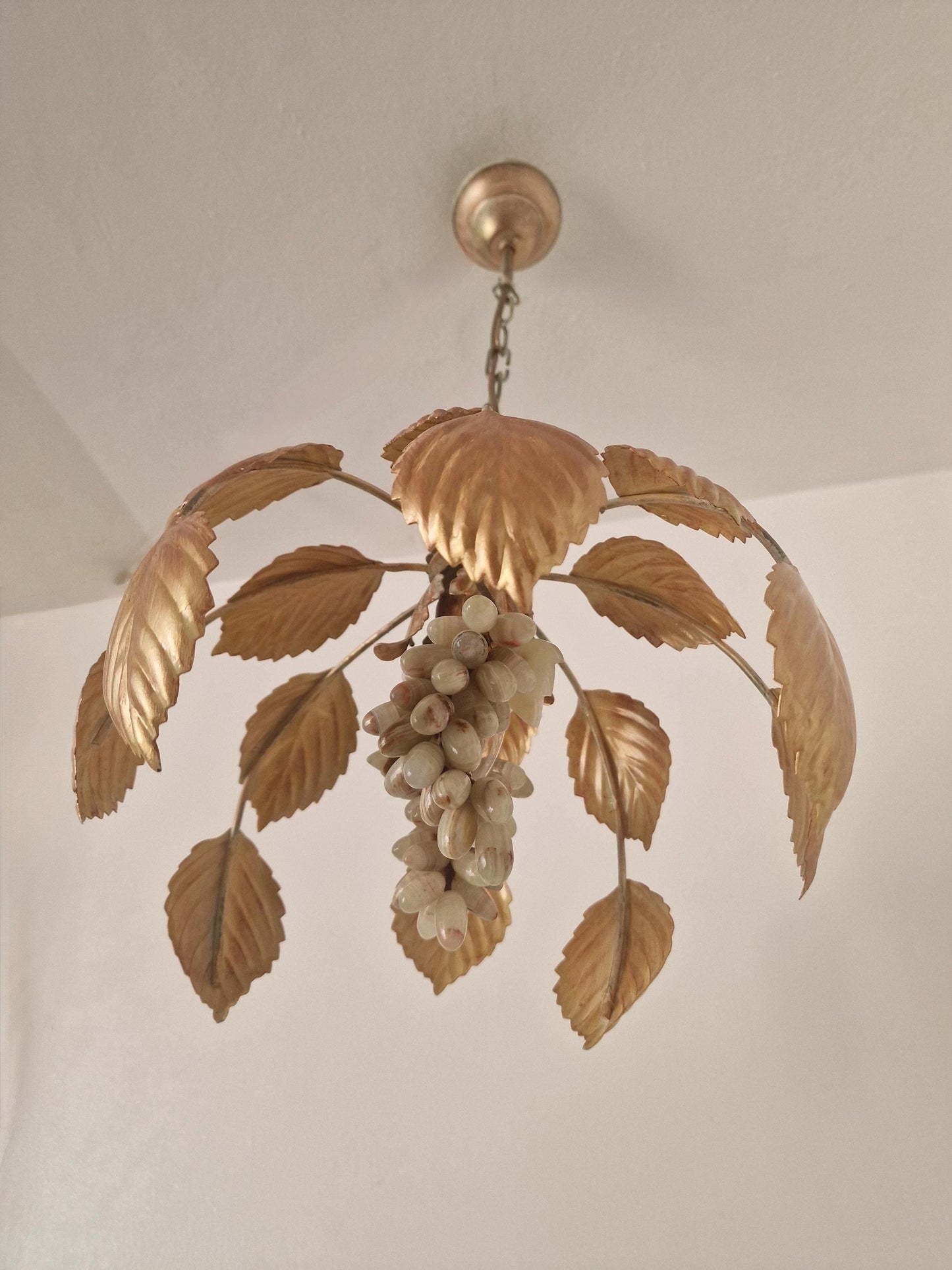 Vintage Italian Gilt Metal Chandelier with Agate Grapes, ca. 1955–1965 Mediteranian lamp