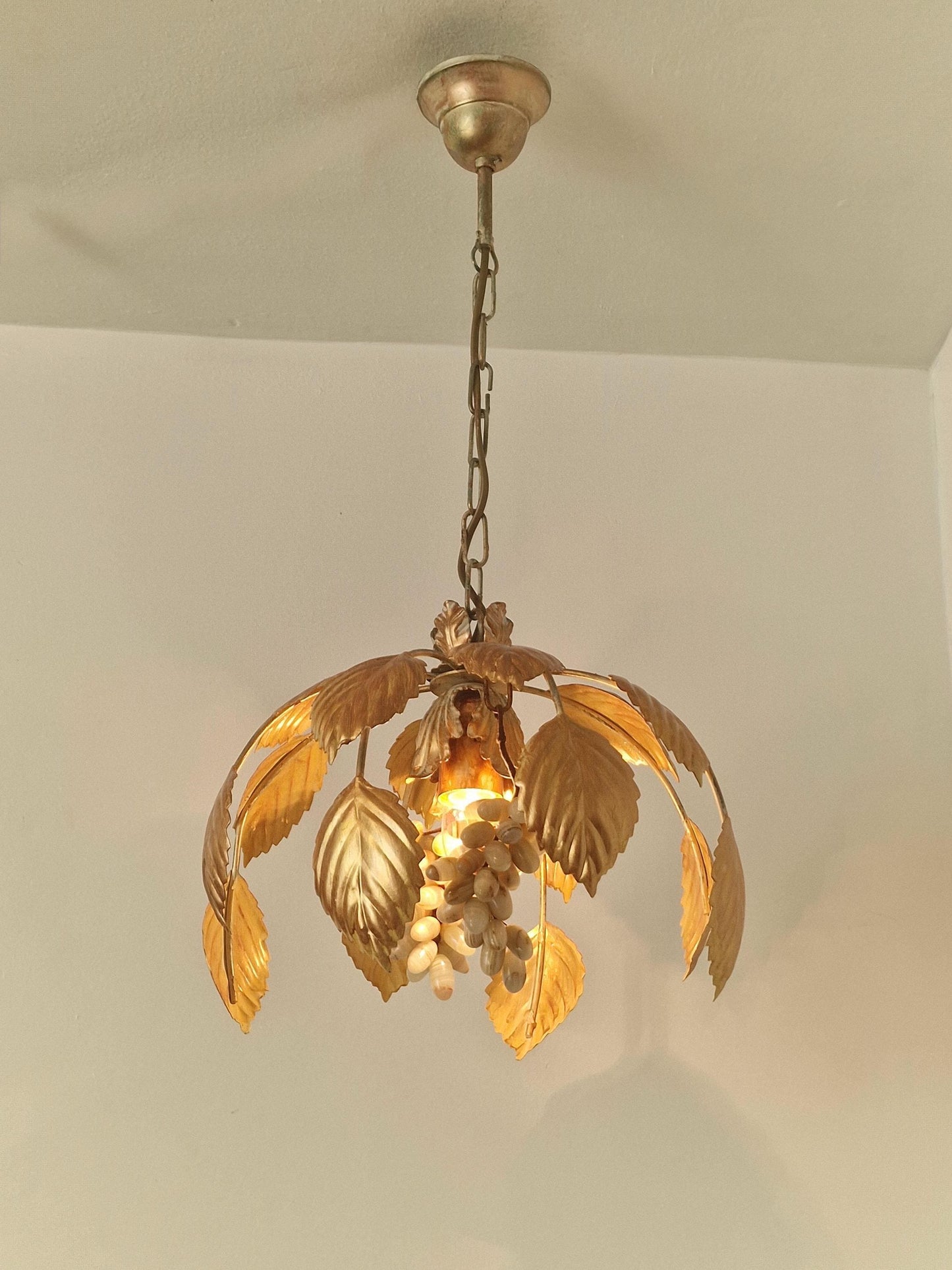 Vintage Italian Gilt Metal Chandelier with Agate Grapes, ca. 1955–1965 Mediteranian lamp