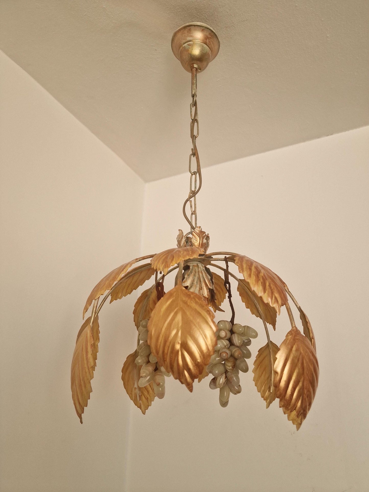 Vintage Italian Gilt Metal Chandelier with Agate Grapes, ca. 1955–1965 Mediteranian lamp