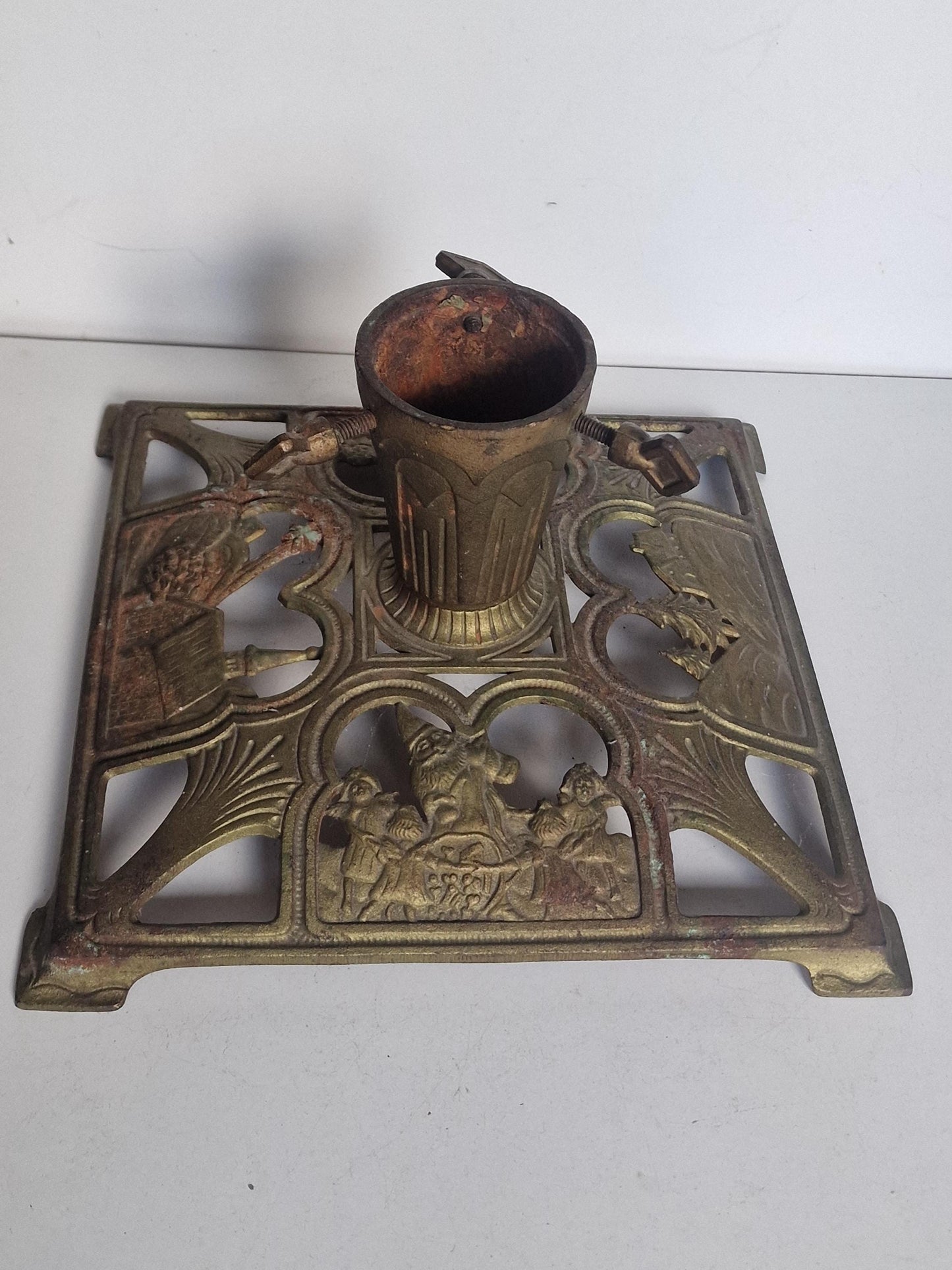 black forrest Art Nouveau Antique German Cast Iron Christmas Tree Stand with Gnome, Birds & Children, ca. 1900–1925