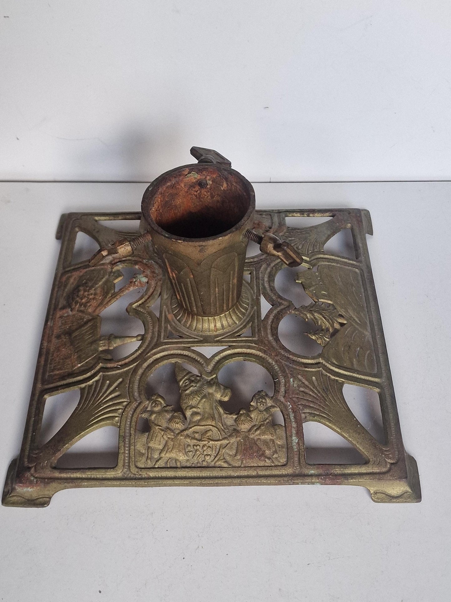 black forrest Art Nouveau Antique German Cast Iron Christmas Tree Stand with Gnome, Birds & Children, ca. 1900–1925