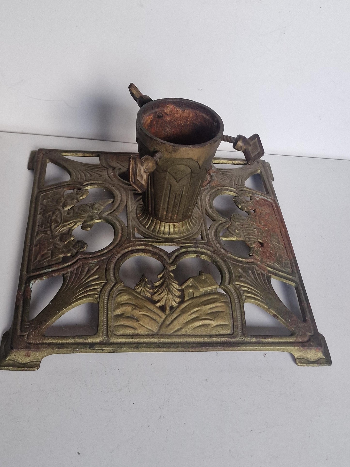 black forrest Art Nouveau Antique German Cast Iron Christmas Tree Stand with Gnome, Birds & Children, ca. 1900–1925