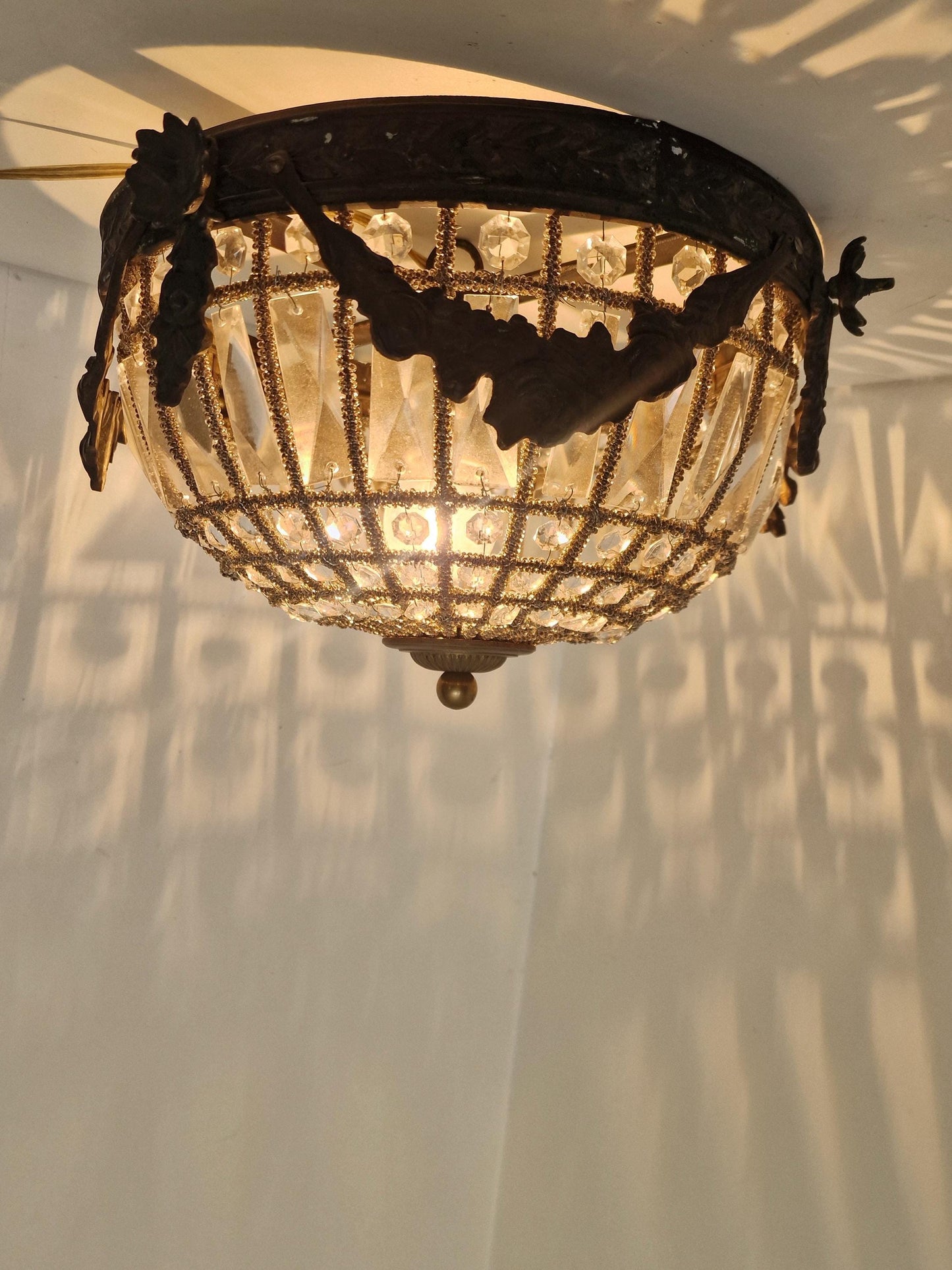 French Belle Époque Crystal Flush Mount Ceiling Light, France, circa 1900