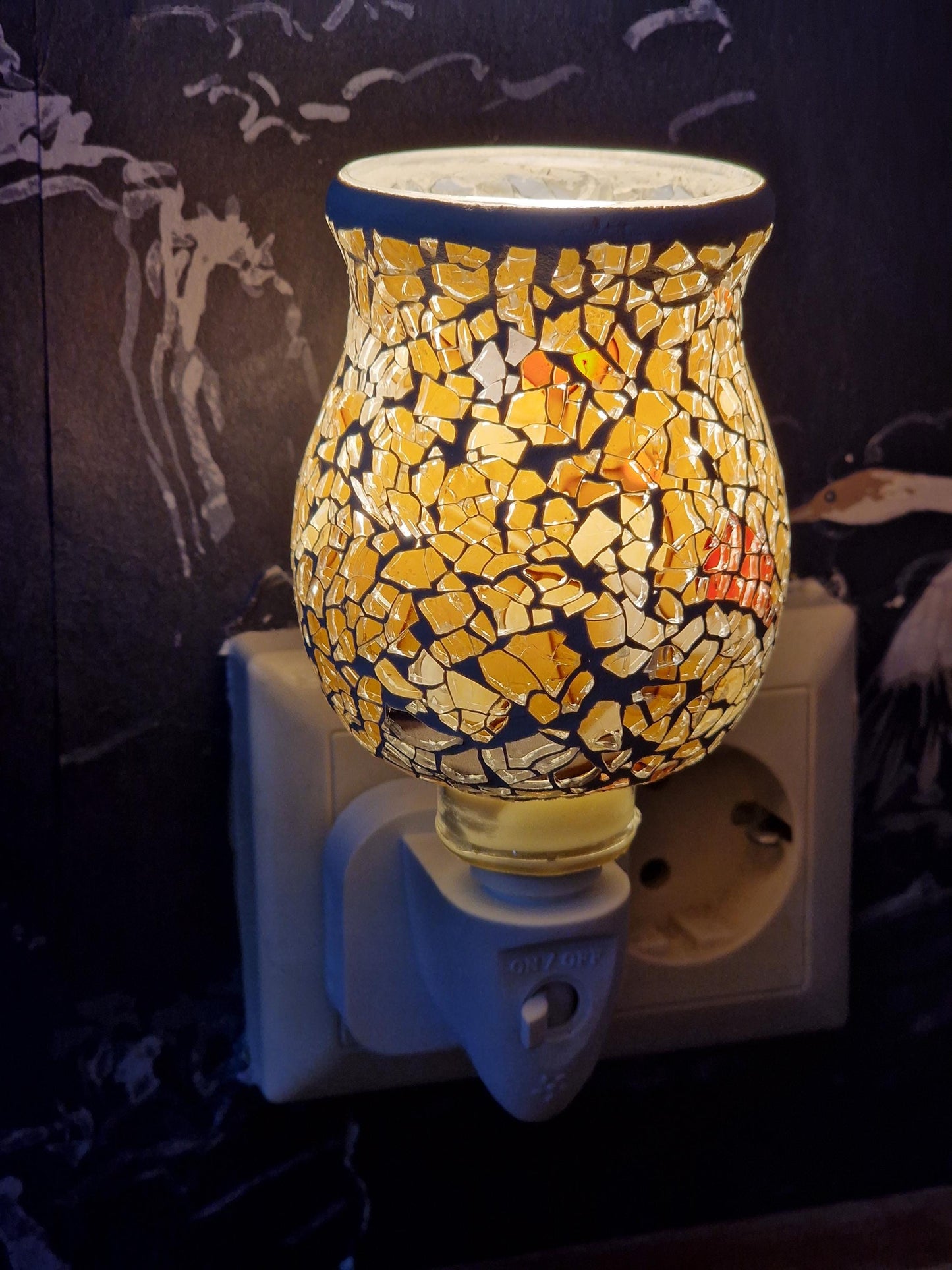 Pair of vintage Mosaic Glass Plug-In Night Lights, amber brown