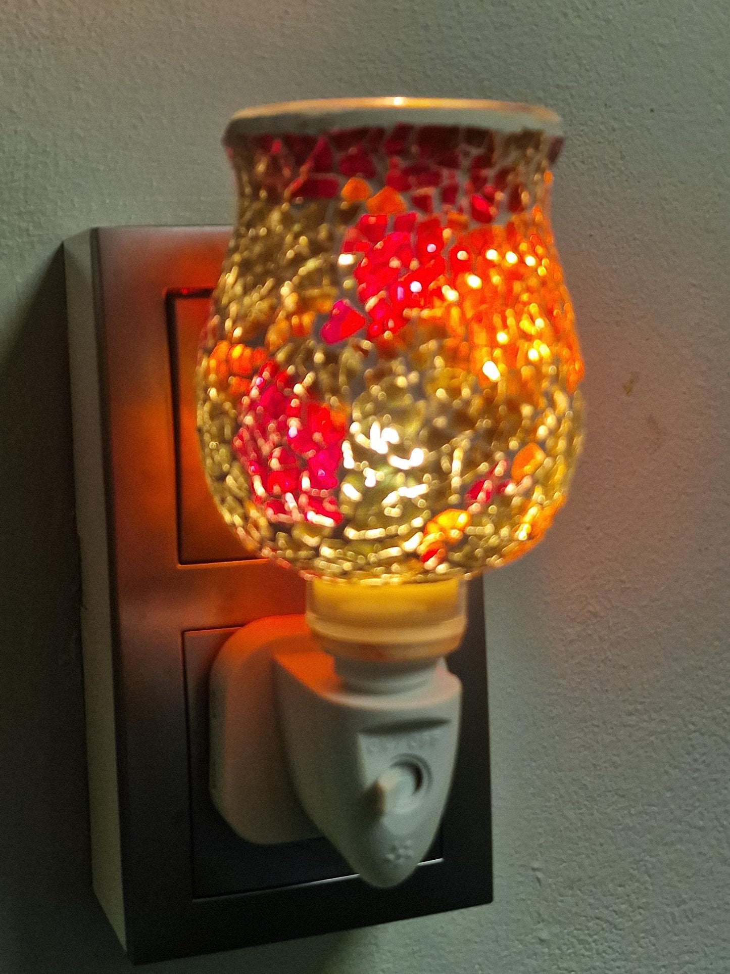Pair of vintage Mosaic Glass Plug-In Night Lights, amber brown red grey