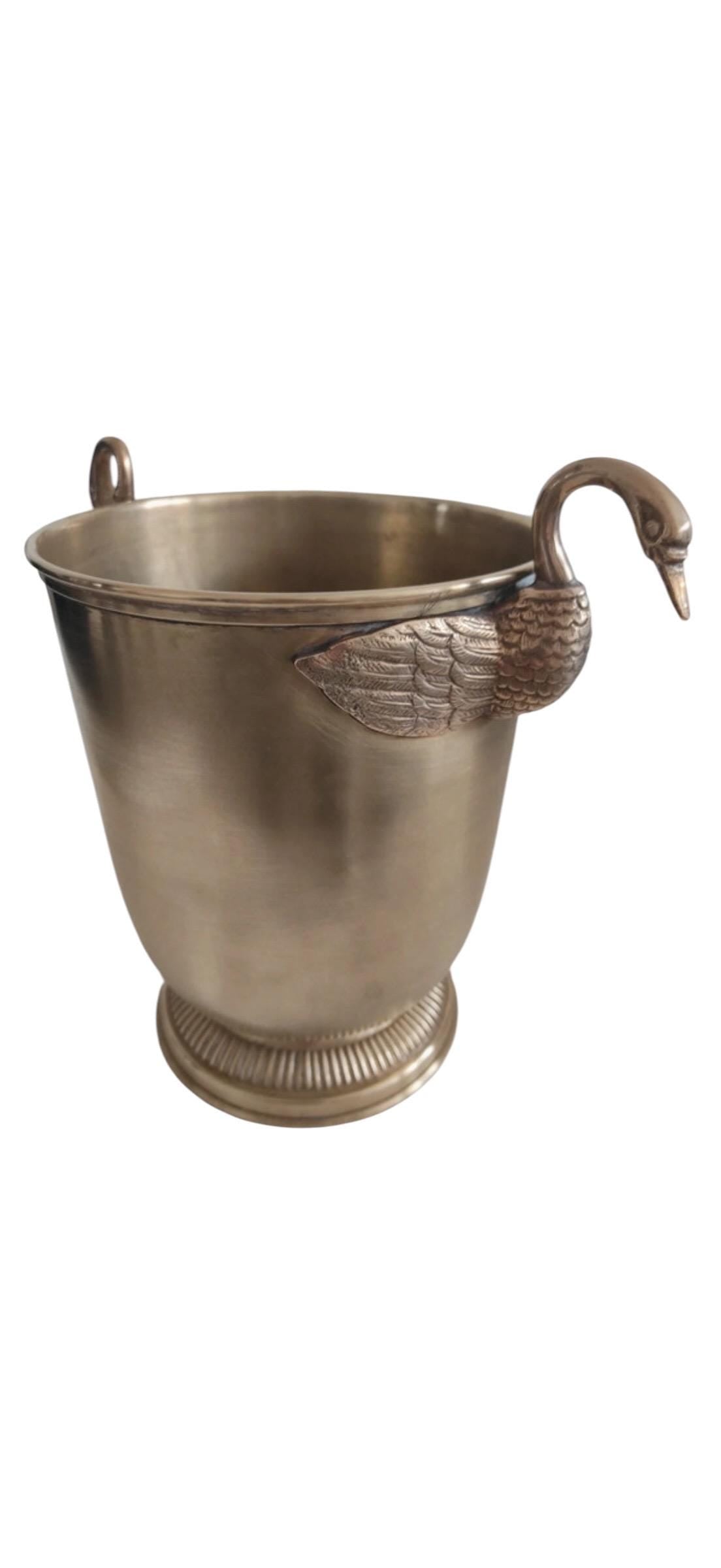 French Brass Champagne Bucket with Swan Handles – Large Empire Style Wine Cooler – Taittinger Style – Ice Bucket – France c.1935–1940