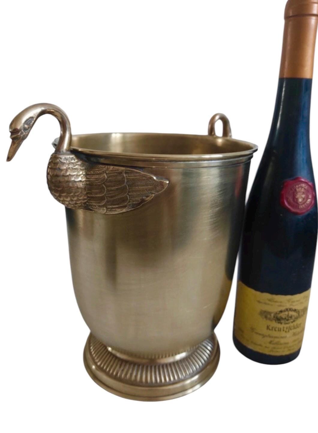 French Brass Champagne Bucket with Swan Handles – Large Empire Style Wine Cooler – Taittinger Style – Ice Bucket – France c.1935–1940