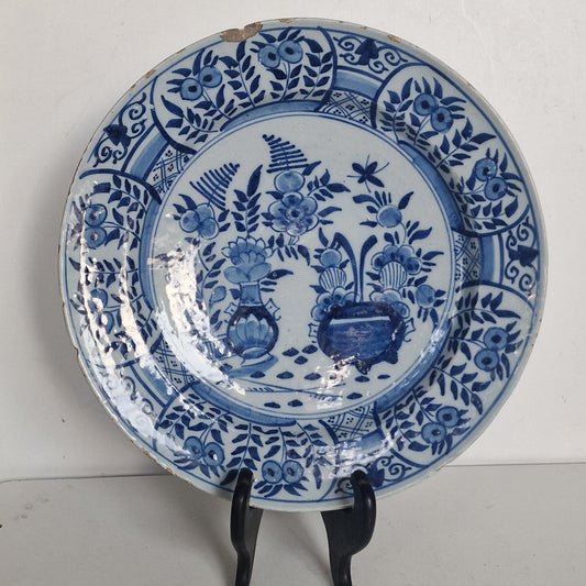 XL large Antique Delft Plate, pottery porceleyne clauw,  18th Century Dutch Chinoiserie, Oriental Decor