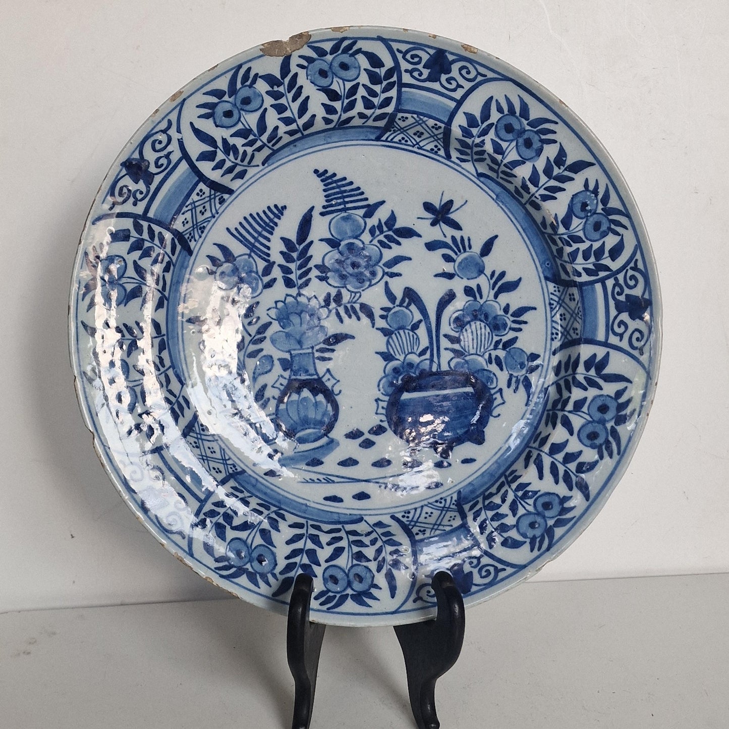 XL large Antique Delft Plate, pottery porceleyne clauw,  18th Century Dutch Chinoiserie, Oriental Decor