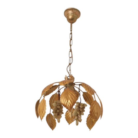 Vintage Italian Gilt Metal Chandelier with Agate Grapes, ca. 1955–1965 Mediteranian lamp
