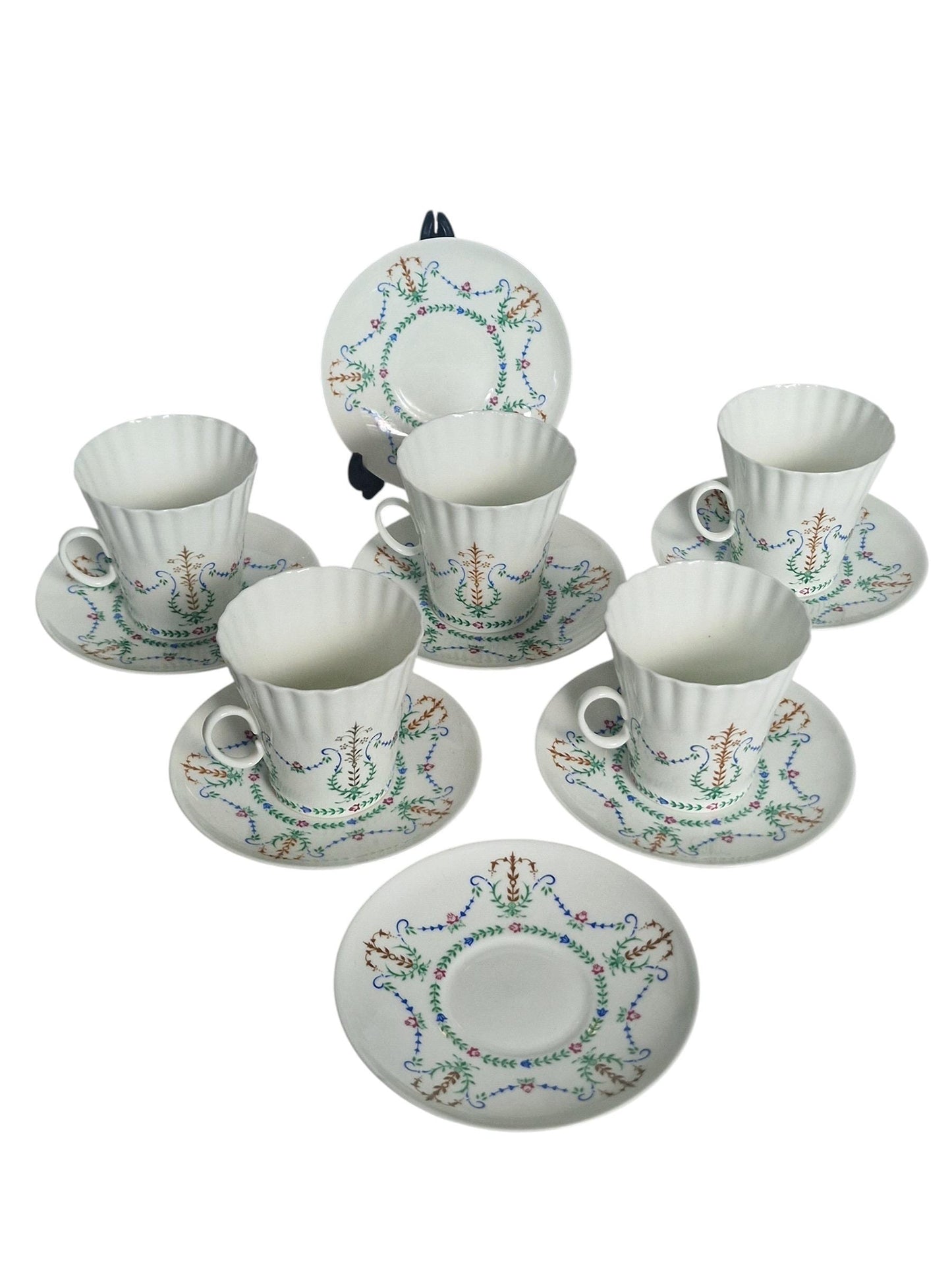 Lomonosov service tea coffee tsar collection, Vintage Lomonosov (LFZ) “Garlands” Porcelain Coffee Set – 5 Cups & Saucers plus 2 extra plates