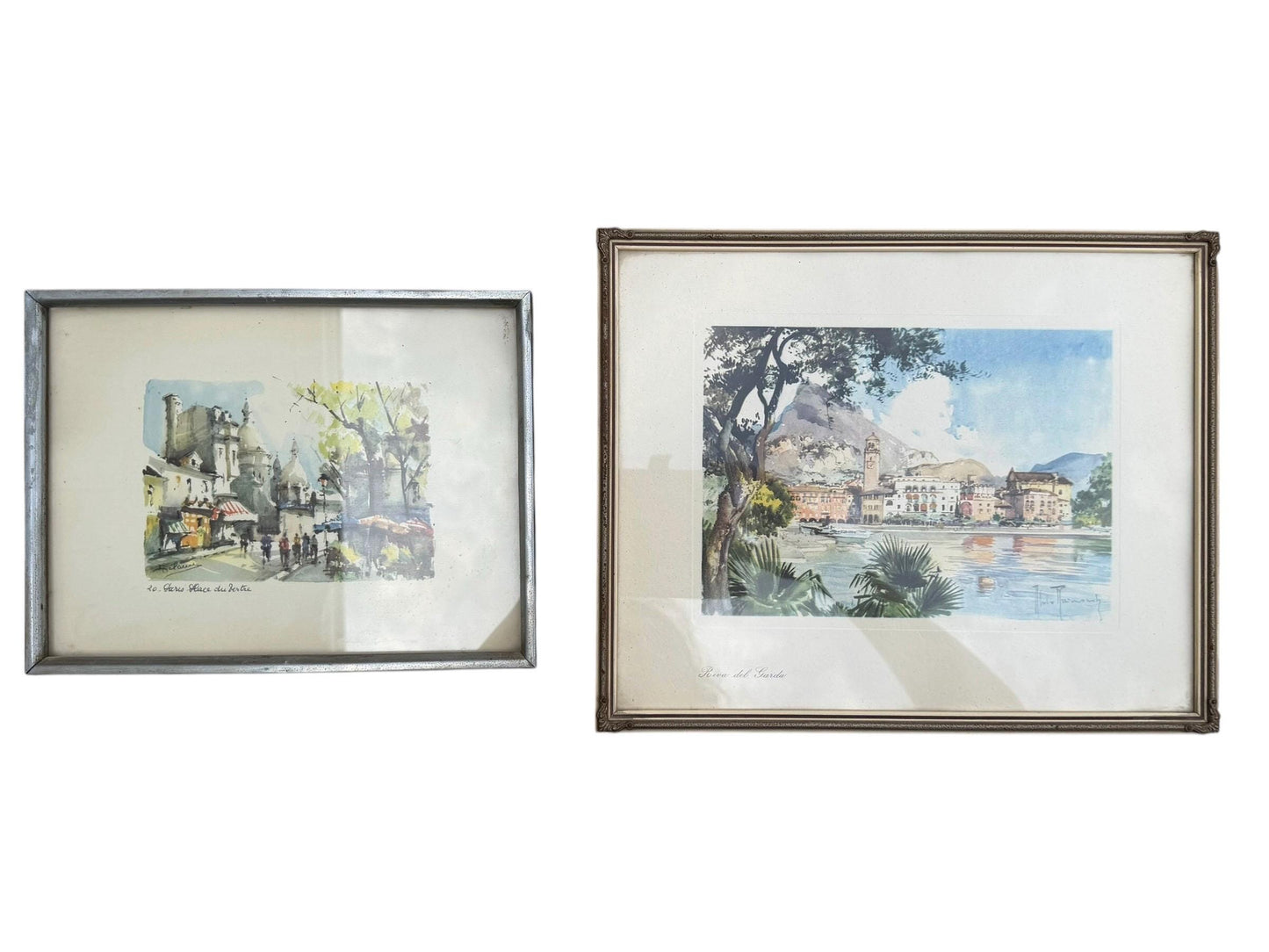 Vintage Watercolour Prints – subtropic mediteranian, early tourism Riva del Garda & Paris – Mid-Century Framed Pair (c.1950s–1960s)