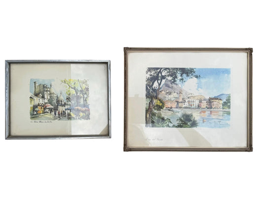Vintage Watercolour Prints – subtropic mediteranian, early tourism Riva del Garda & Paris – Mid-Century Framed Pair (c.1950s–1960s)