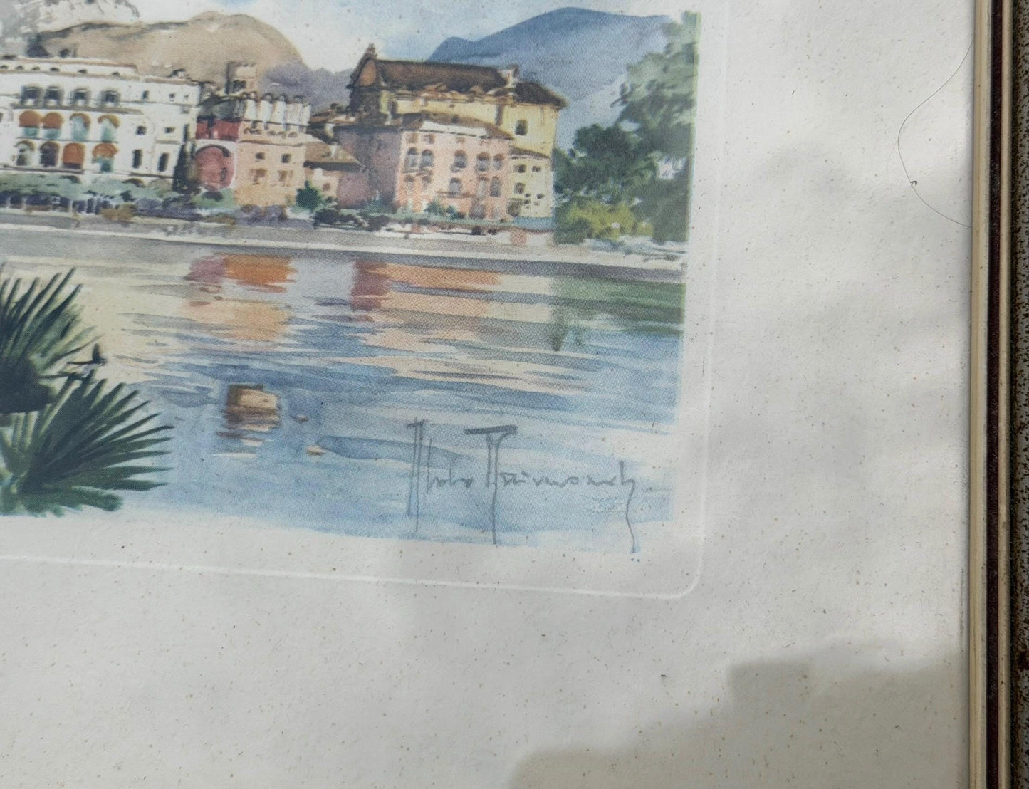 Vintage Watercolour Prints – subtropic mediteranian, early tourism Riva del Garda & Paris – Mid-Century Framed Pair (c.1950s–1960s)