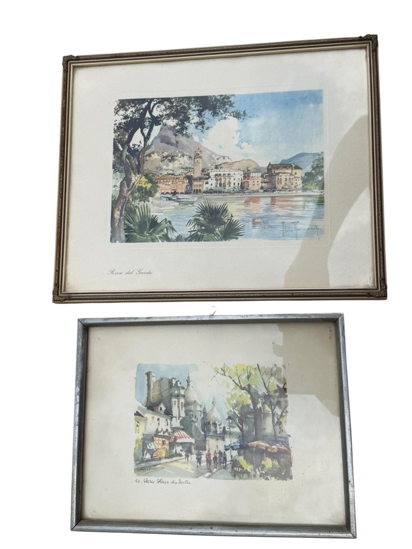 Vintage Watercolour Prints – subtropic mediteranian, early tourism Riva del Garda & Paris – Mid-Century Framed Pair (c.1950s–1960s)