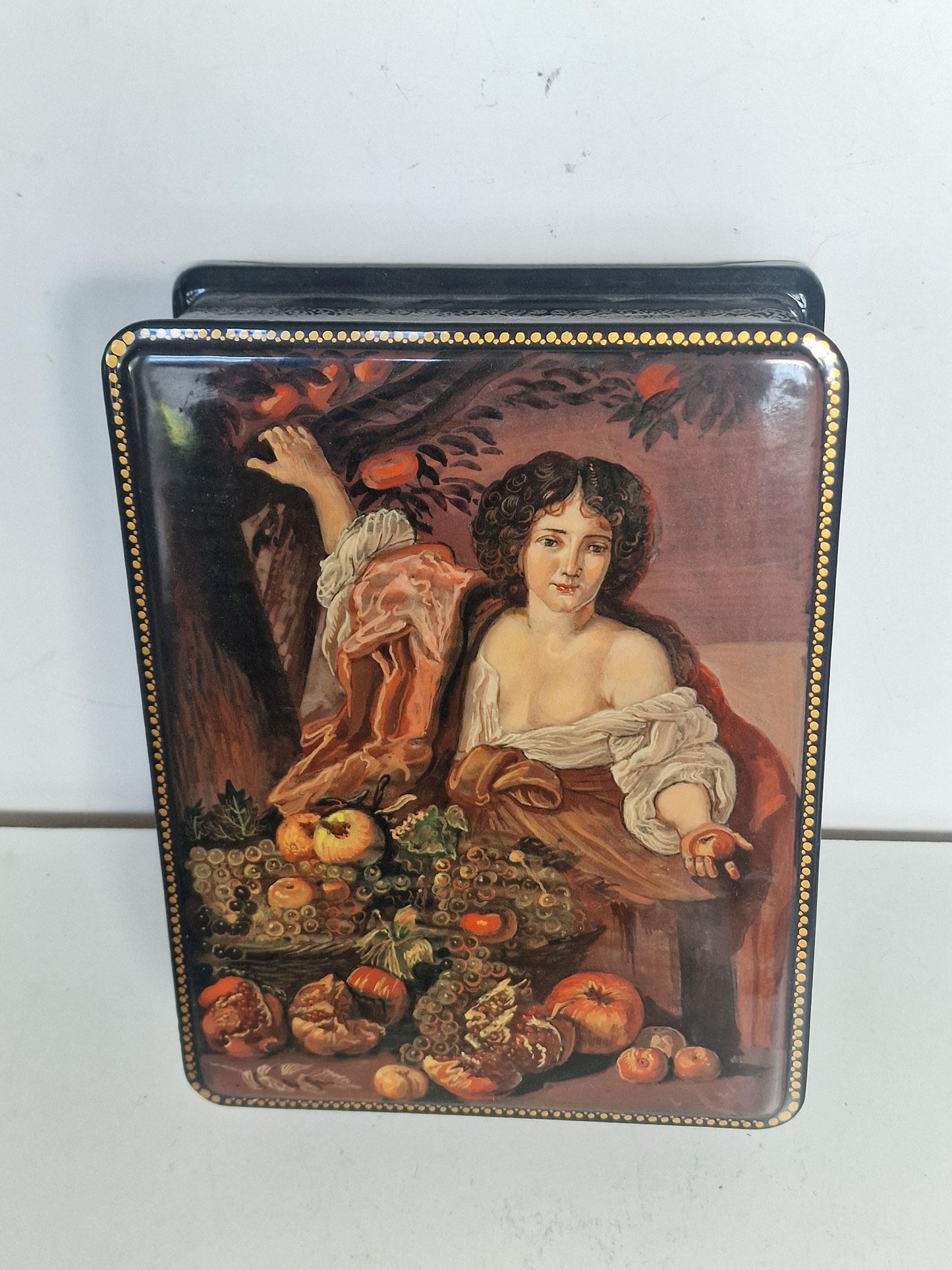 Large Russian Fedoskino school lacquer box, hand painted by A.A. Rozhkov, titled Picking Fruit, c. 2000.