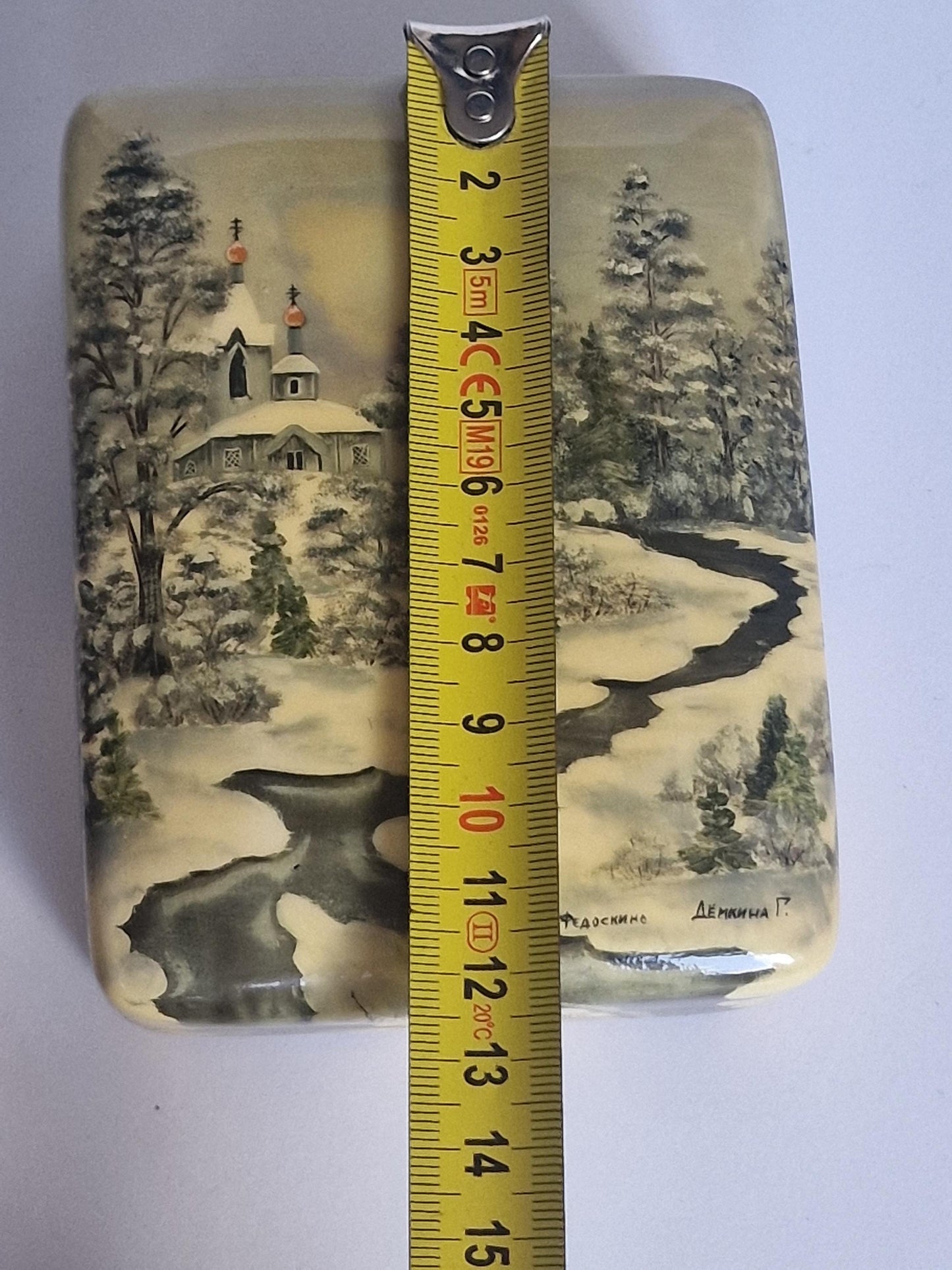 Russian Fedoskino lacquer box by G. Demkina, winter landscape, c. 2000