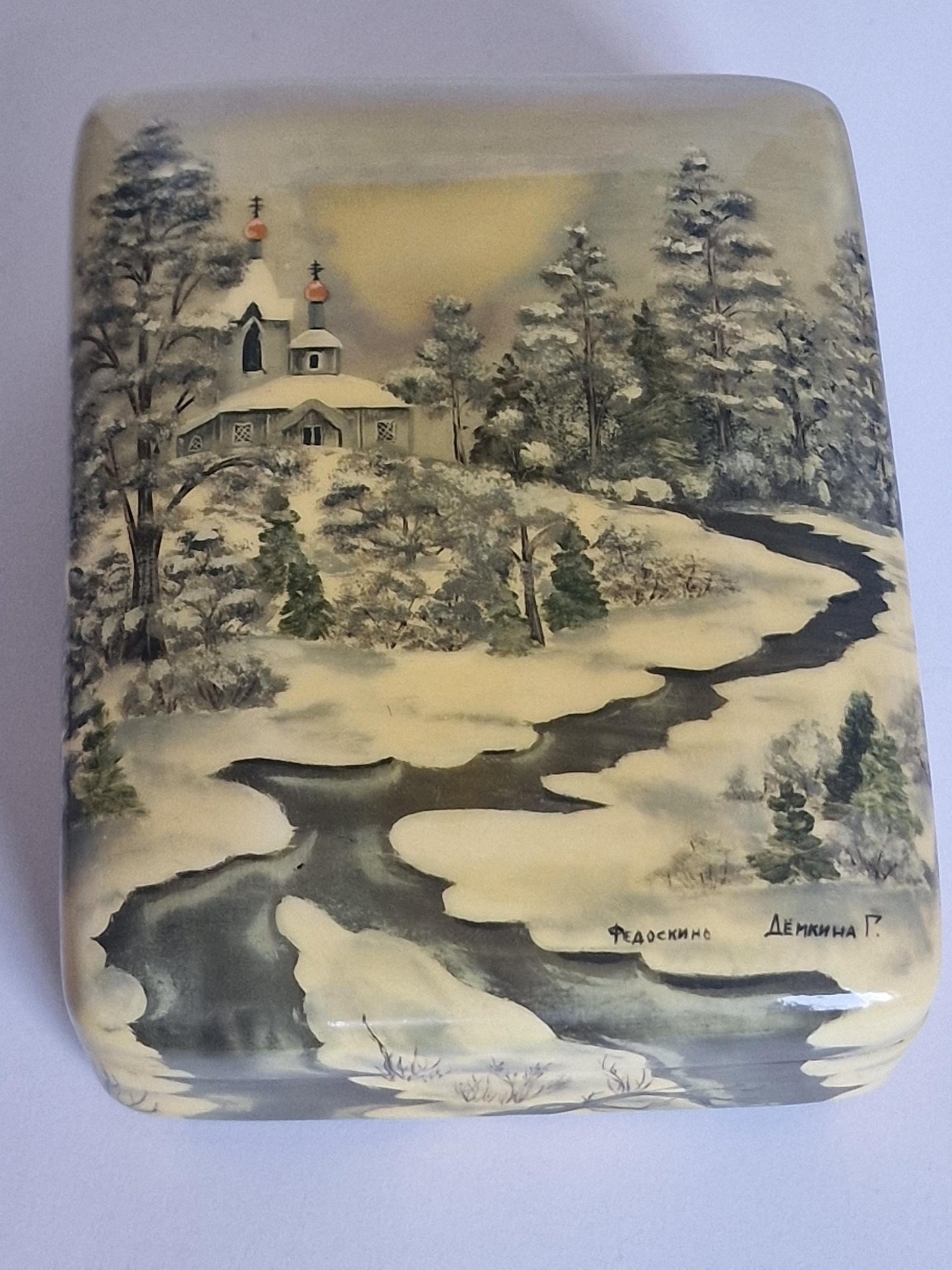 Russian Fedoskino lacquer box by G. Demkina, winter landscape, c. 2000