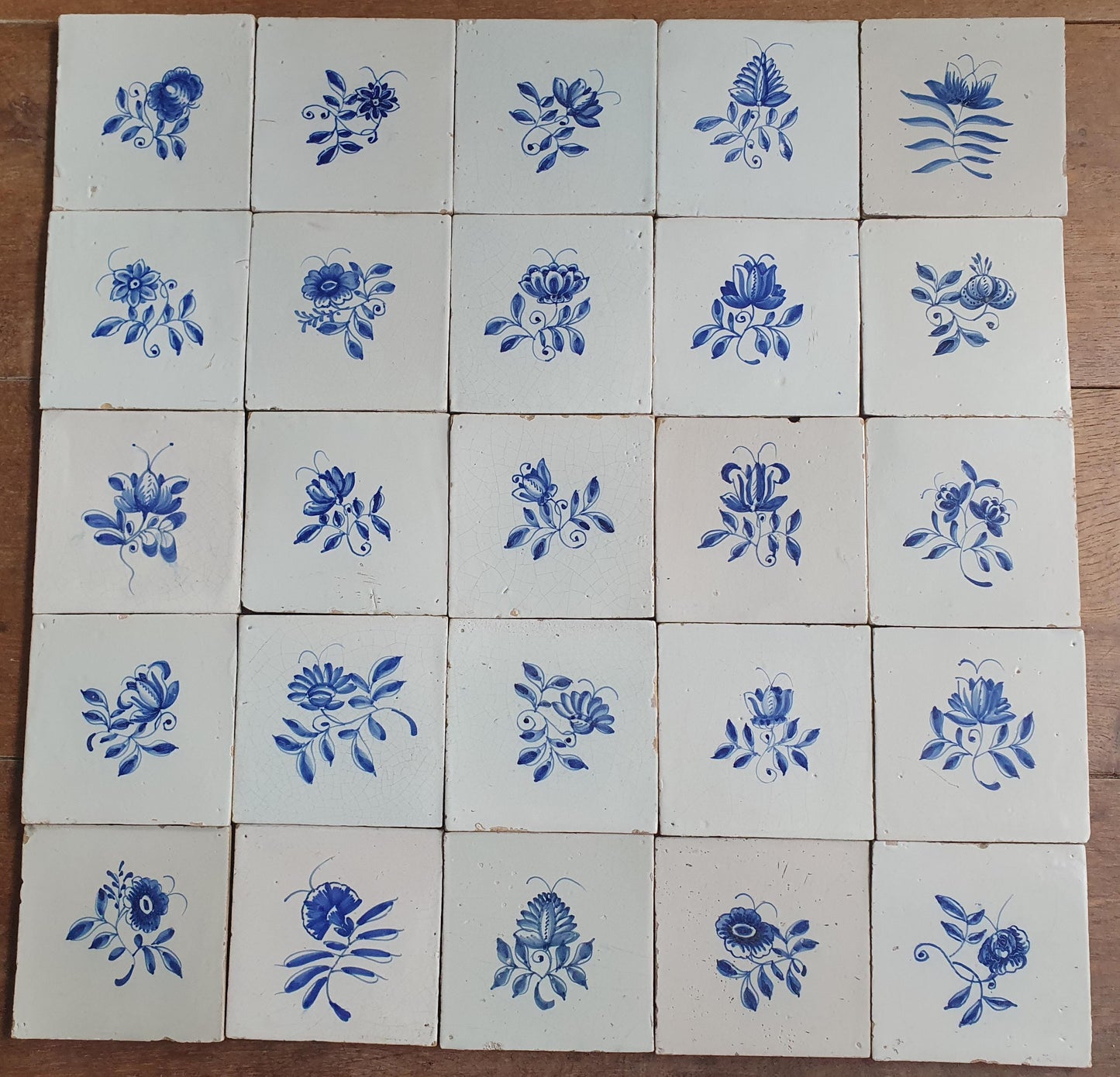 25 x Antique Delft Tiles, 18th Century, Floral Blue Flowers, planttile.