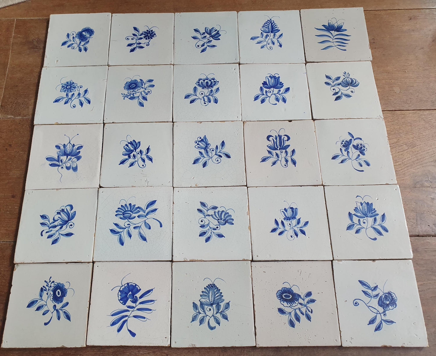 25 x Antique Delft Tiles, 18th Century, Floral Blue Flowers, planttile.