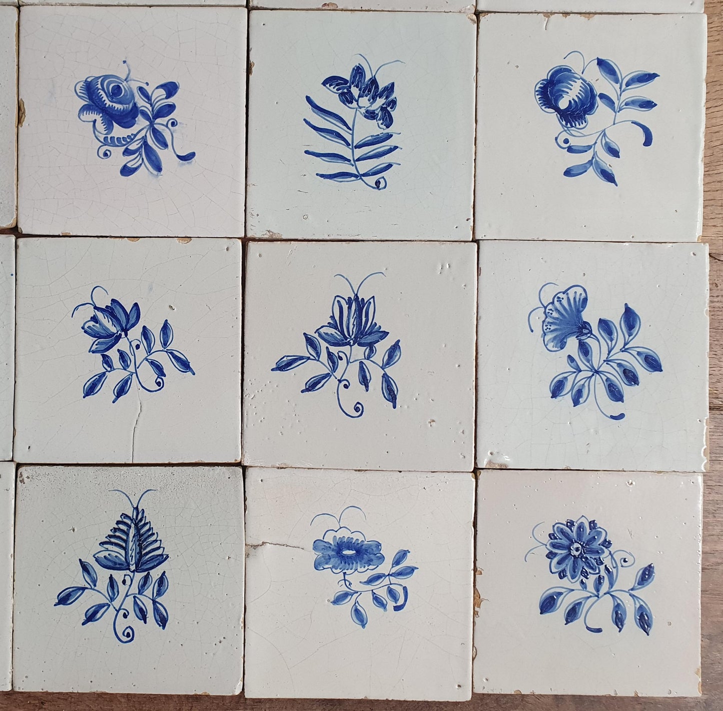 25 x Antique Delft Tiles, 18th Century, Floral Blue Flowers, planttile.