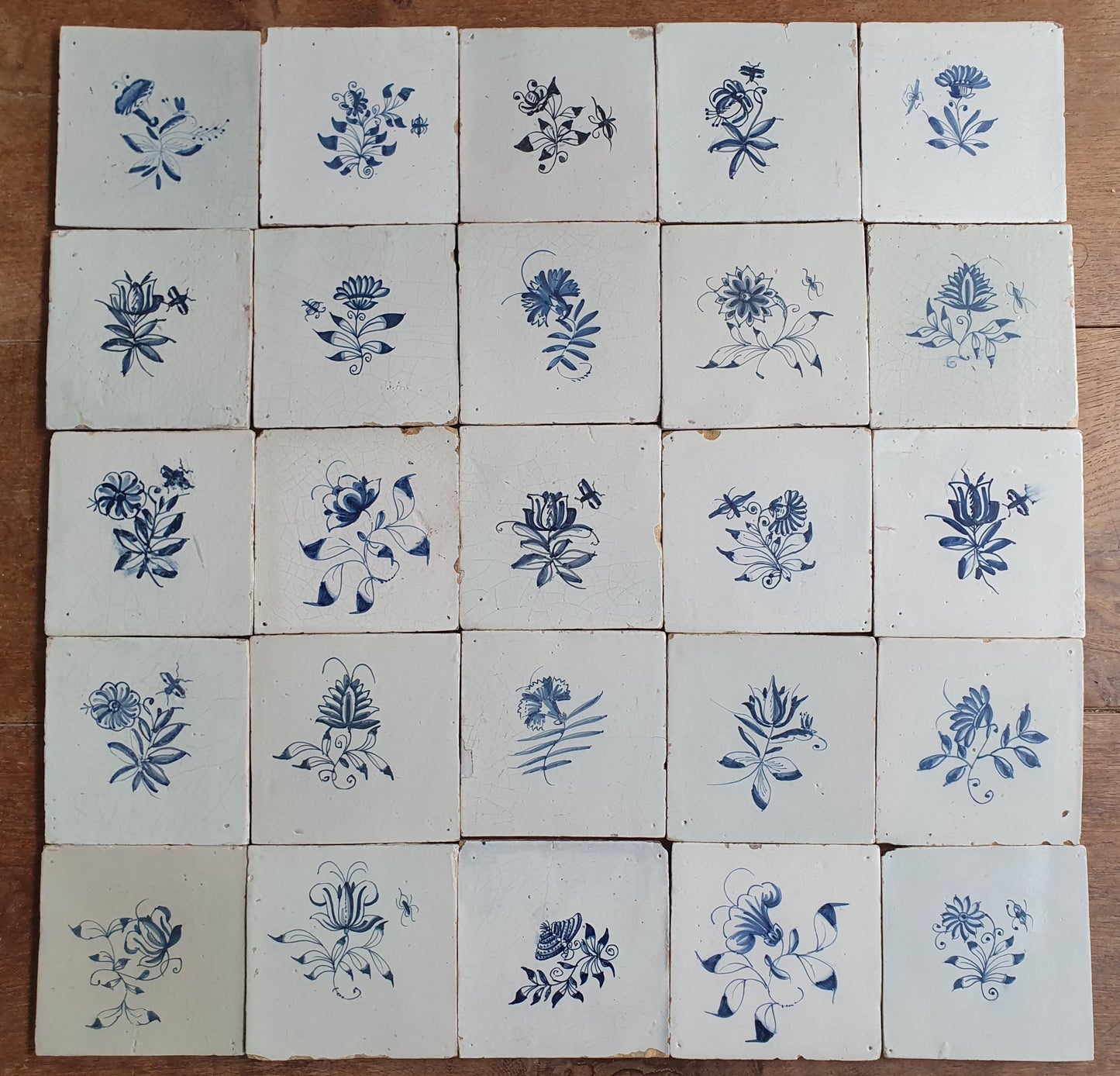 25 x Antique Delft Tiles, 18th Century, Floral Blue Flowers, planttile.