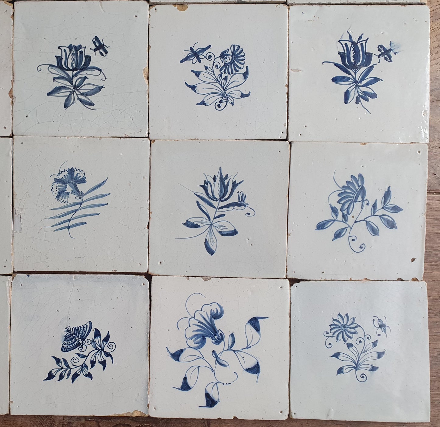 25 x Antique Delft Tiles, 18th Century, Floral Blue Flowers, planttile.