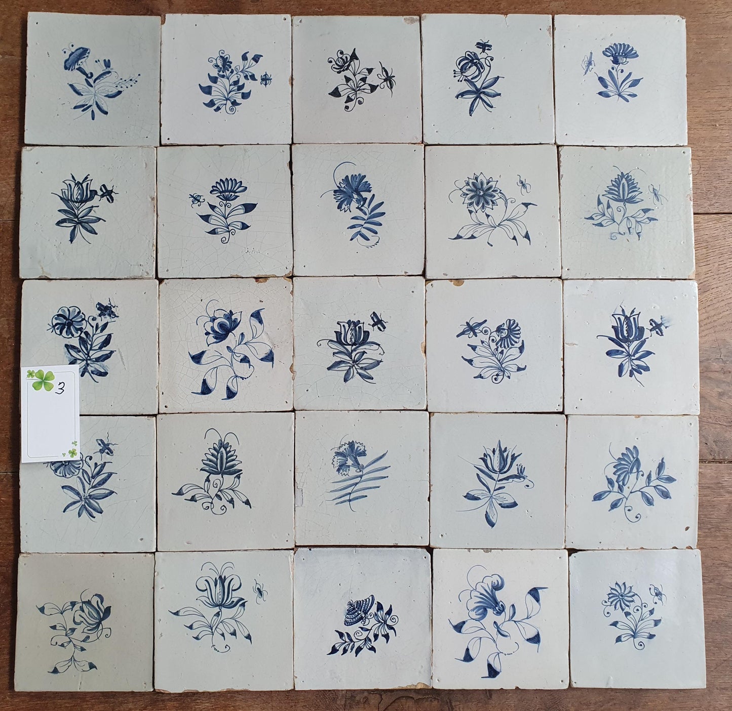 25 x Antique Delft Tiles, 18th Century, Floral Blue Flowers, planttile.
