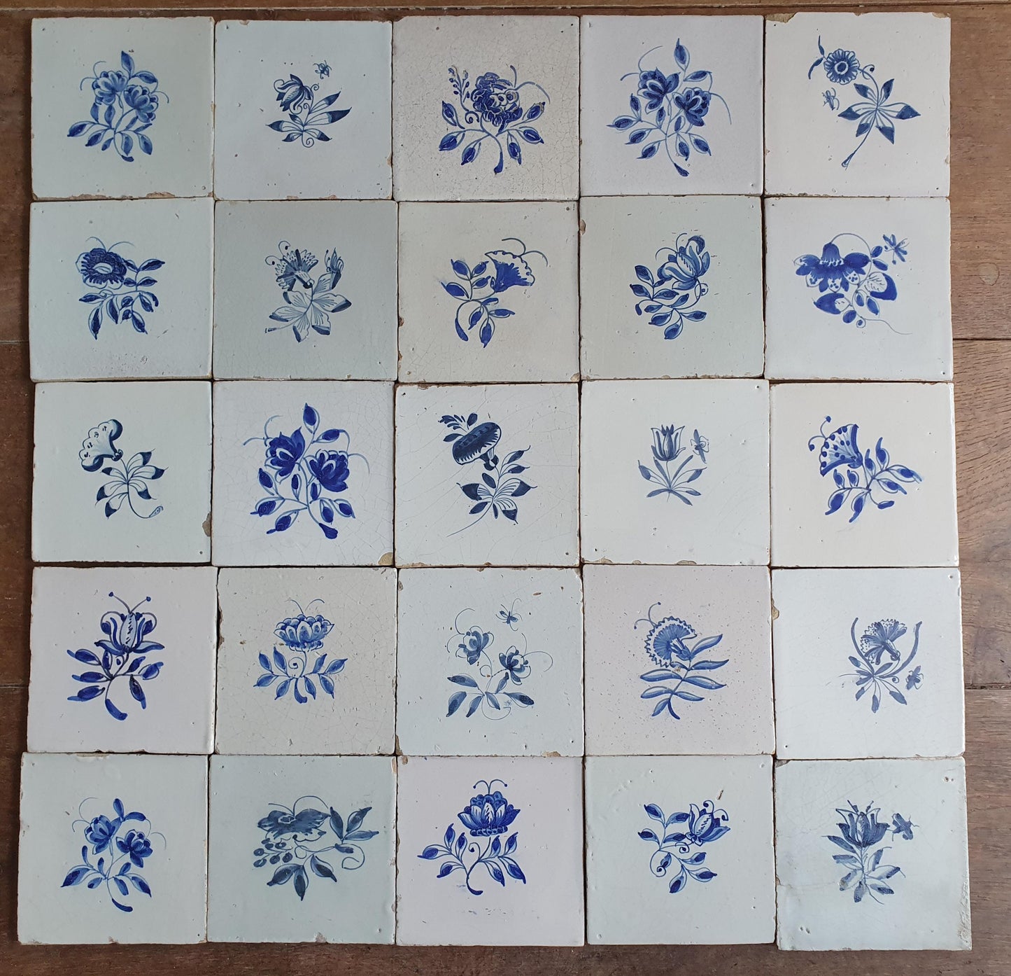 25 x Antique Delft Tiles, 18th Century, Floral Blue Flowers, planttile.
