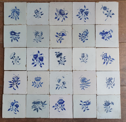 25 x Antique Delft Tiles, 18th Century, Floral Blue Flowers, planttile.