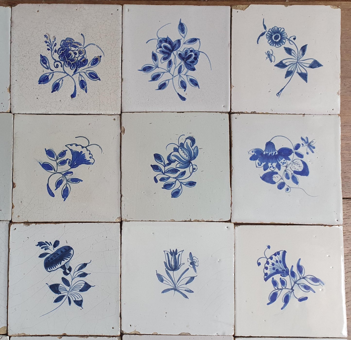 25 x Antique Delft Tiles, 18th Century, Floral Blue Flowers, planttile.