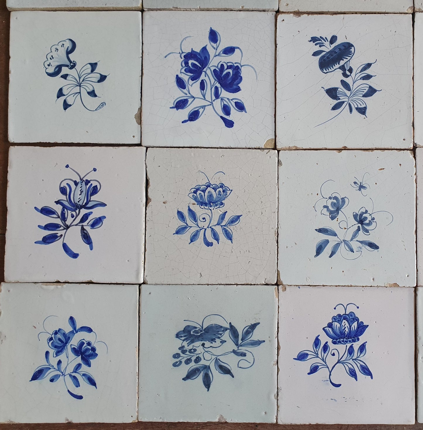 25 x Antique Delft Tiles, 18th Century, Floral Blue Flowers, planttile.