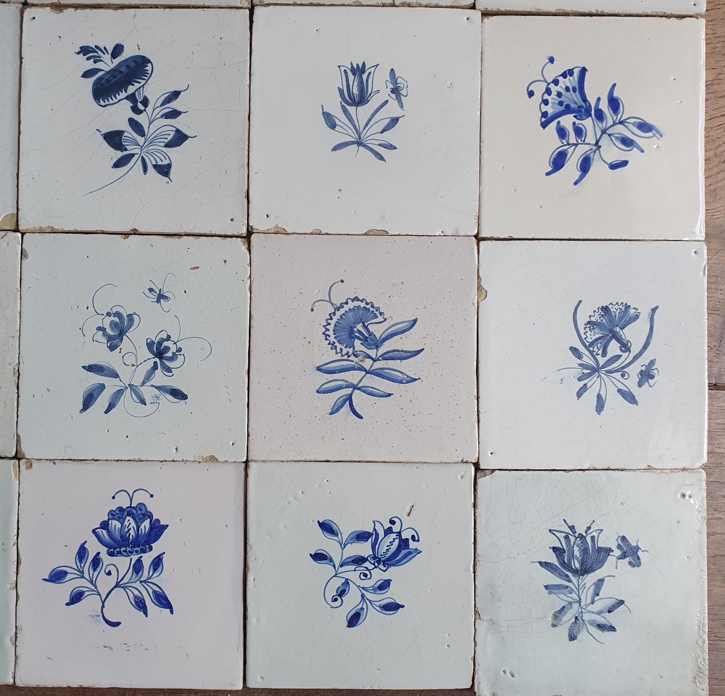 25 x Antique Delft Tiles, 18th Century, Floral Blue Flowers, planttile.