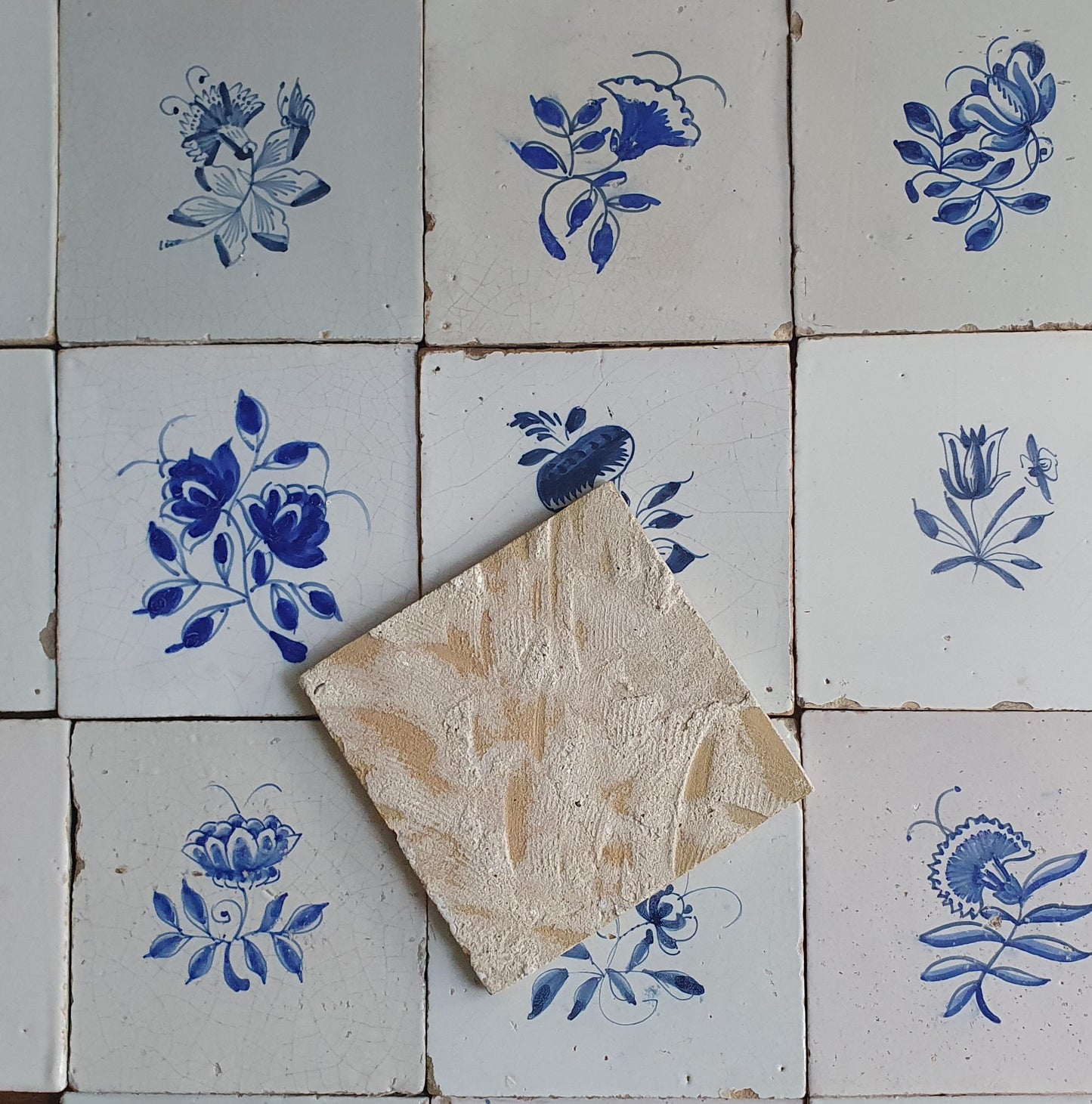 25 x Antique Delft Tiles, 18th Century, Floral Blue Flowers, planttile.