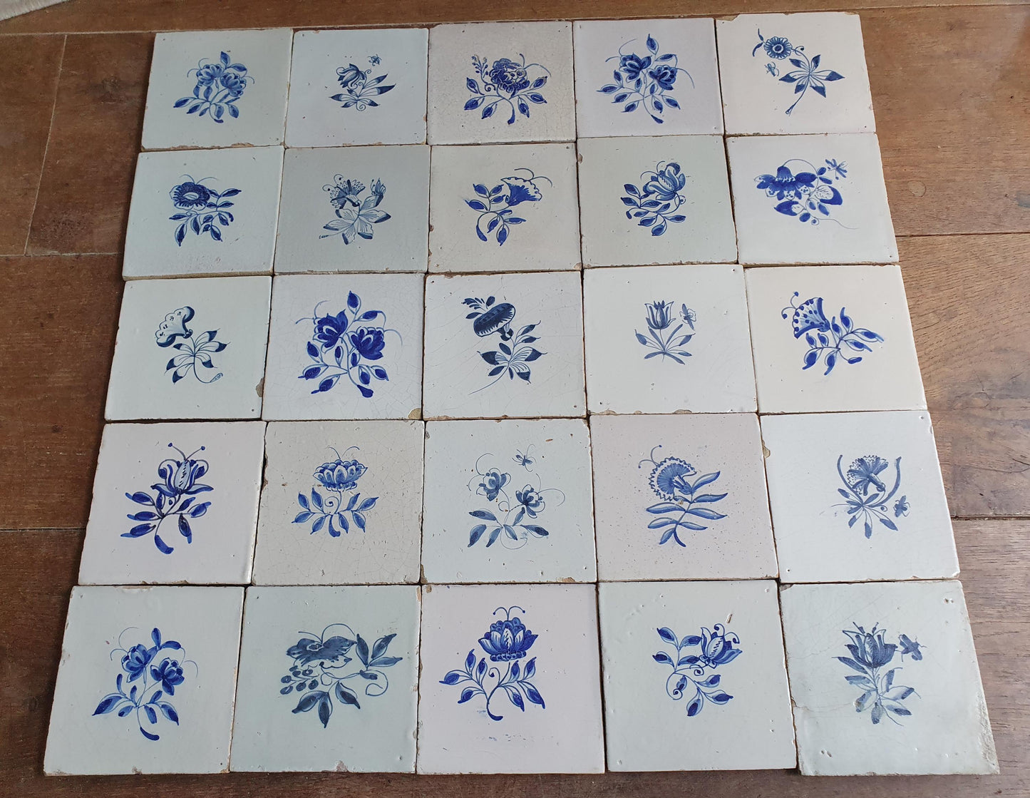 25 x Antique Delft Tiles, 18th Century, Floral Blue Flowers, planttile.